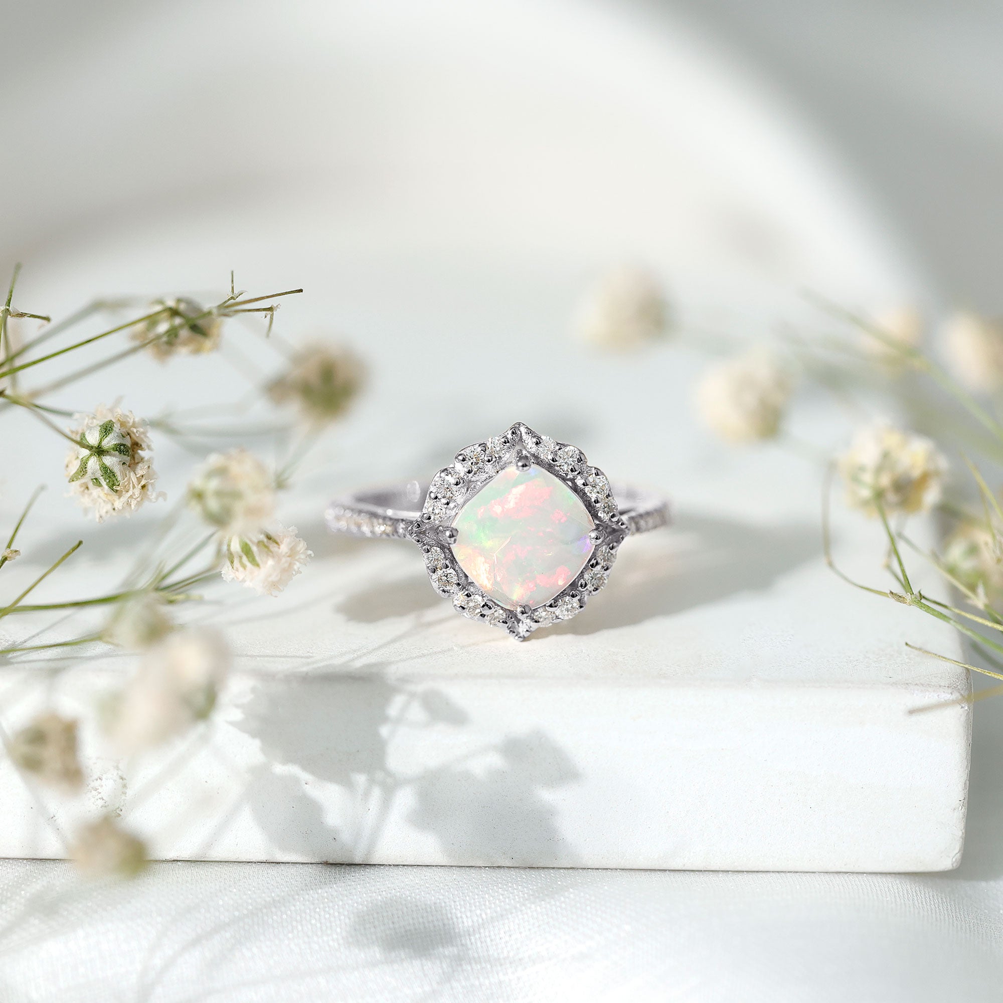 Certified Real 8mm Opalescent Vintage Inspired Engagement Ring with Diamond Halo AAA - Rosec Jewels