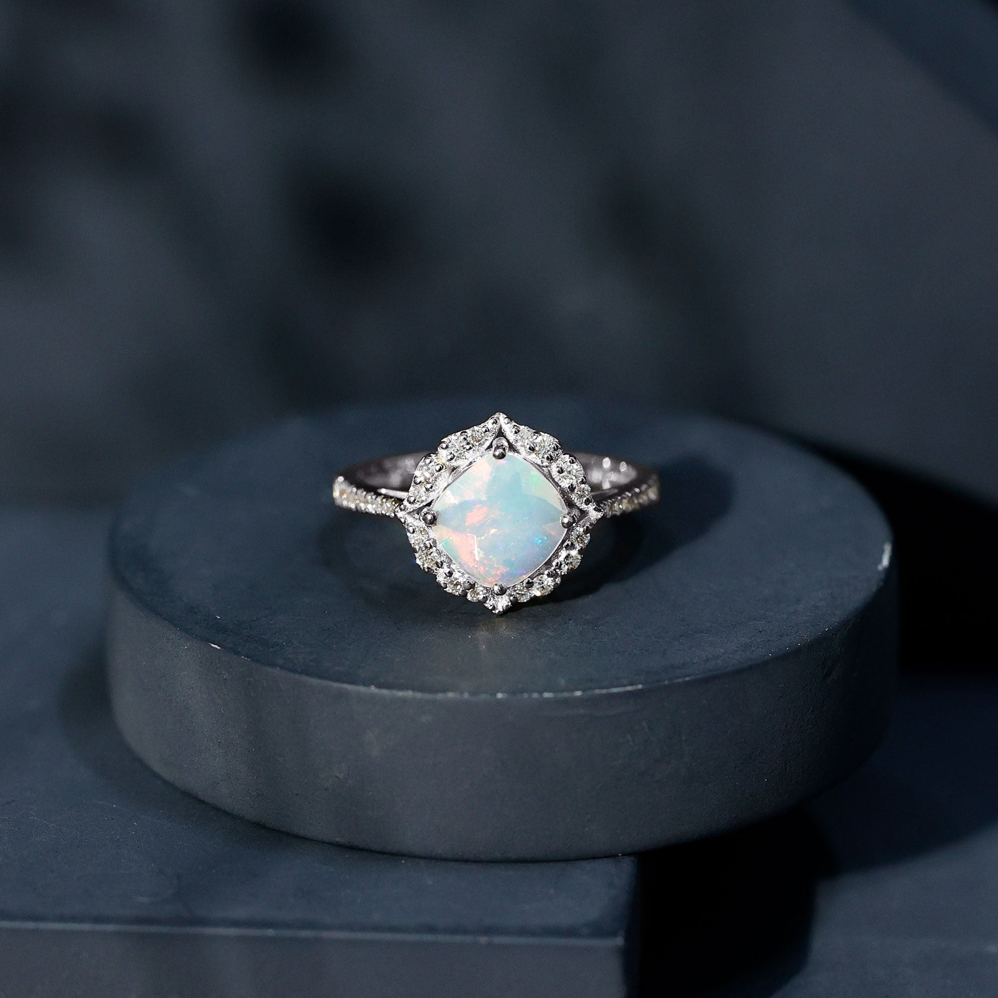 Certified Real 8mm Opalescent Vintage Inspired Engagement Ring with Diamond Halo AAA - Rosec Jewels