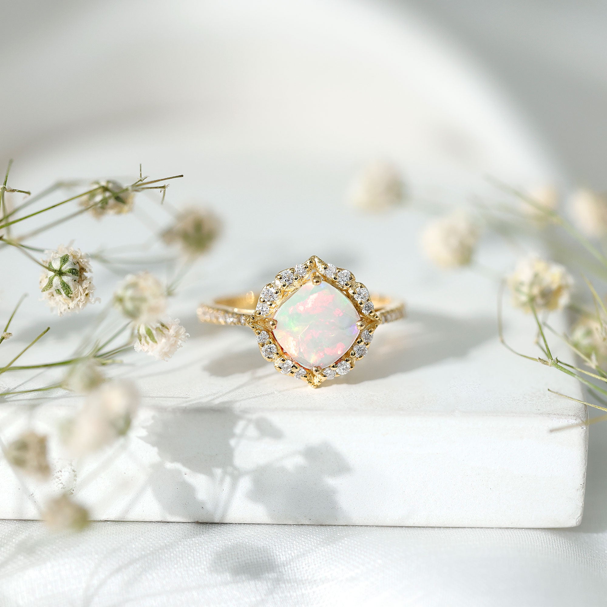Certified Real 8mm Opalescent Vintage Inspired Engagement Ring with Diamond Halo AAA - Rosec Jewels