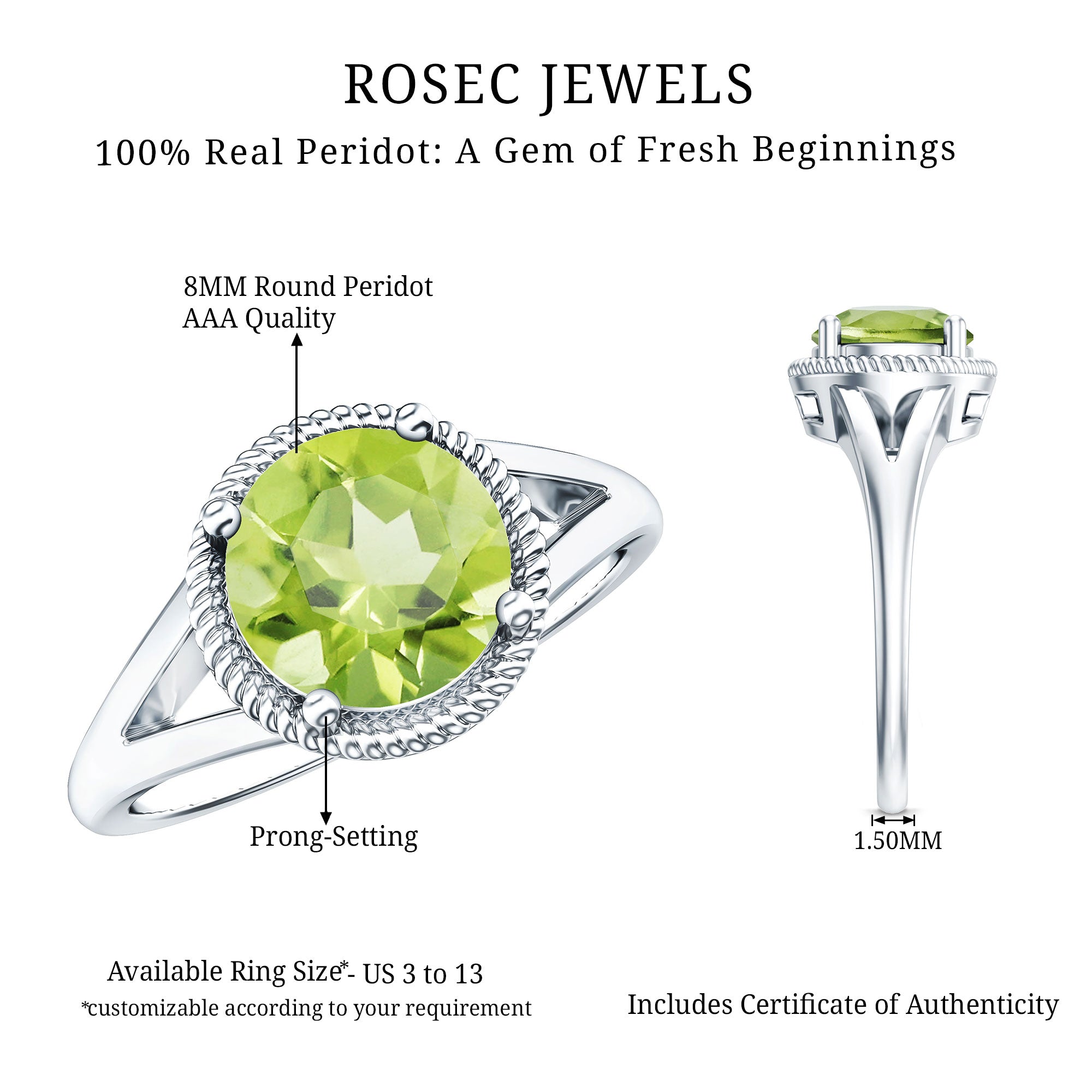 Natural 2 Carat Peridot Solitaire Engagement Ring with Split Shank AAA - Rosec Jewels
