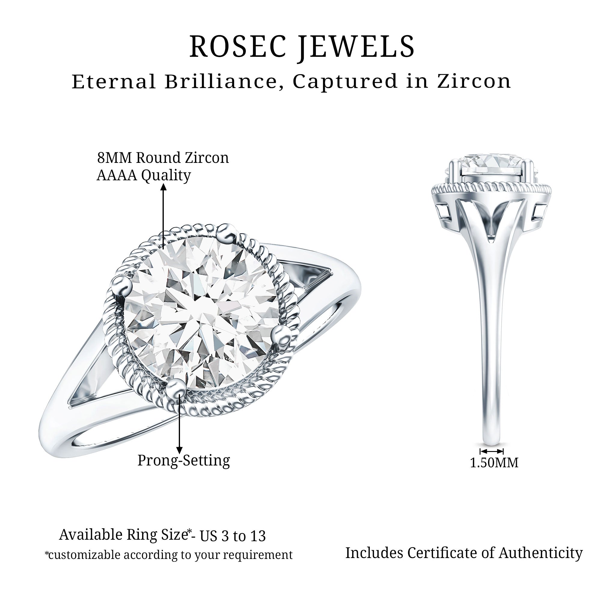 2 Carat Round Cubic Zirconia Solitaire Engagement Ring in Split Shank AAAA - Rosec Jewels