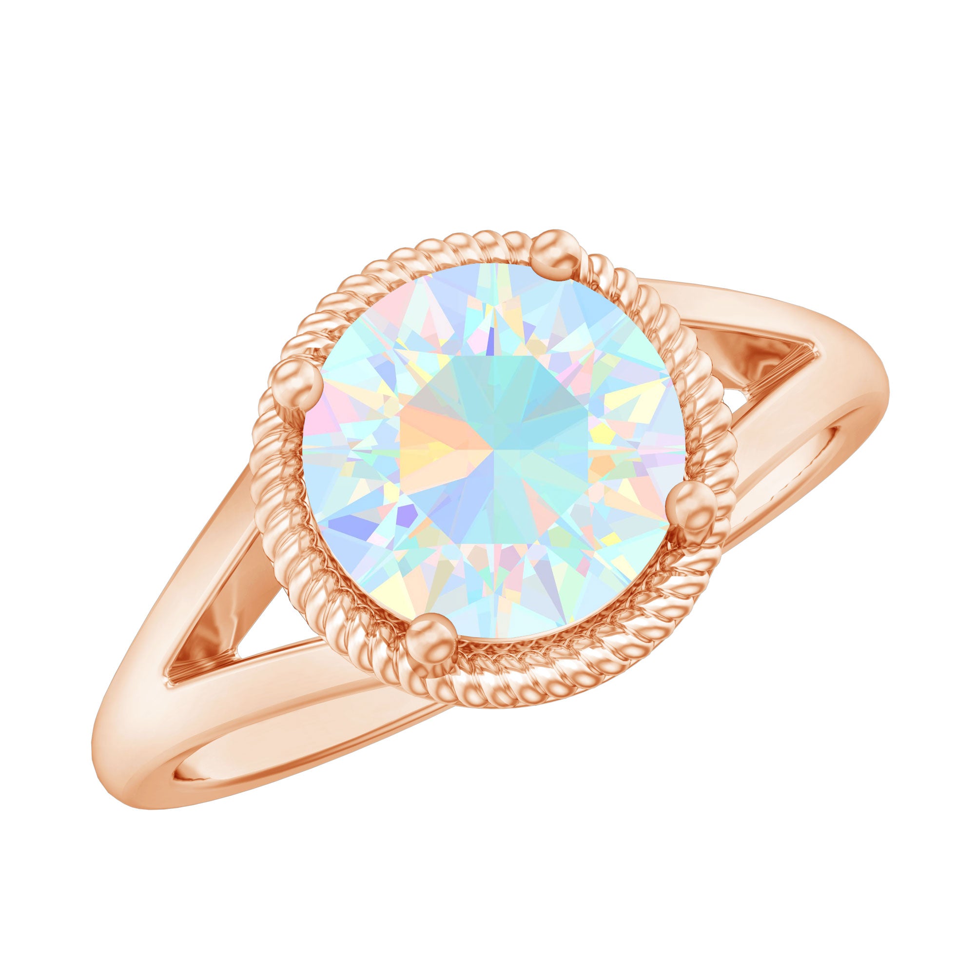 Certified Real 8 mm Round Ethiopian Opal Split Shank Engagement Ring with Twisted Rope AAA - Rosec Jewels