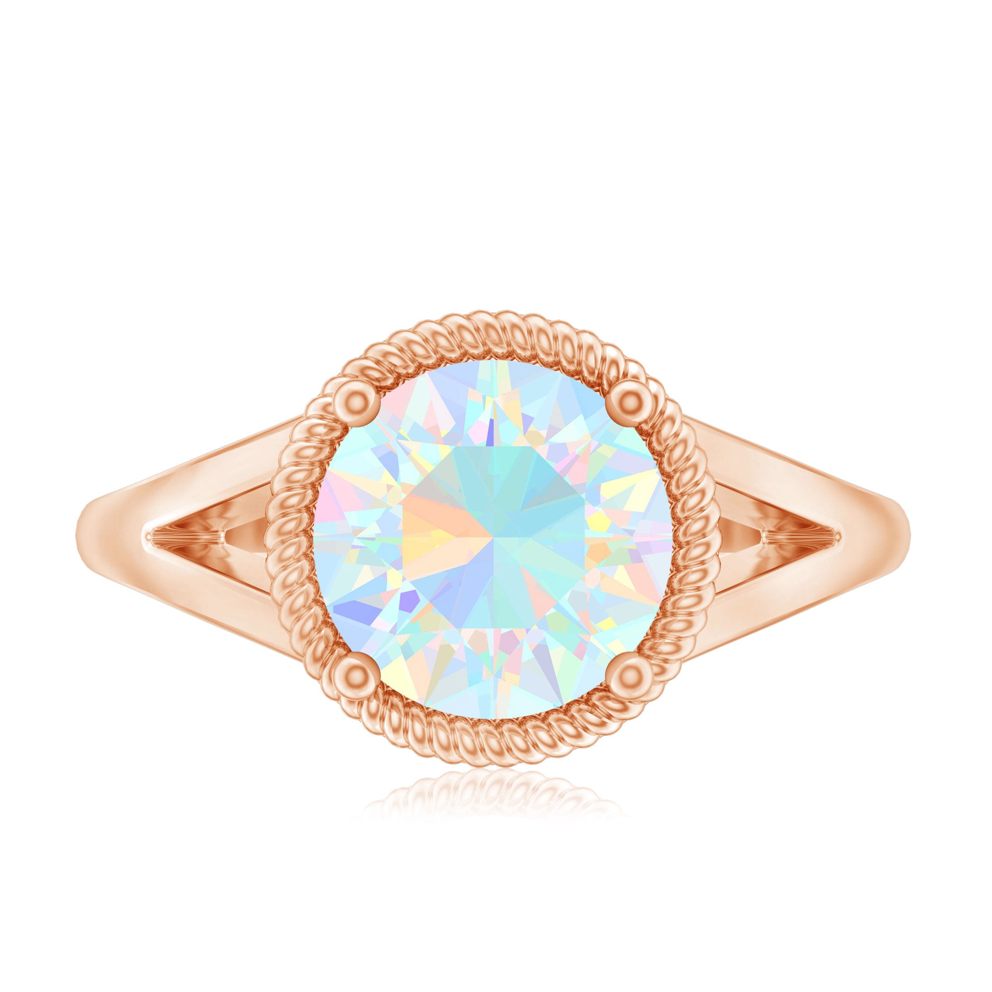 Certified Real 8 mm Round Ethiopian Opal Split Shank Engagement Ring with Twisted Rope AAA - Rosec Jewels