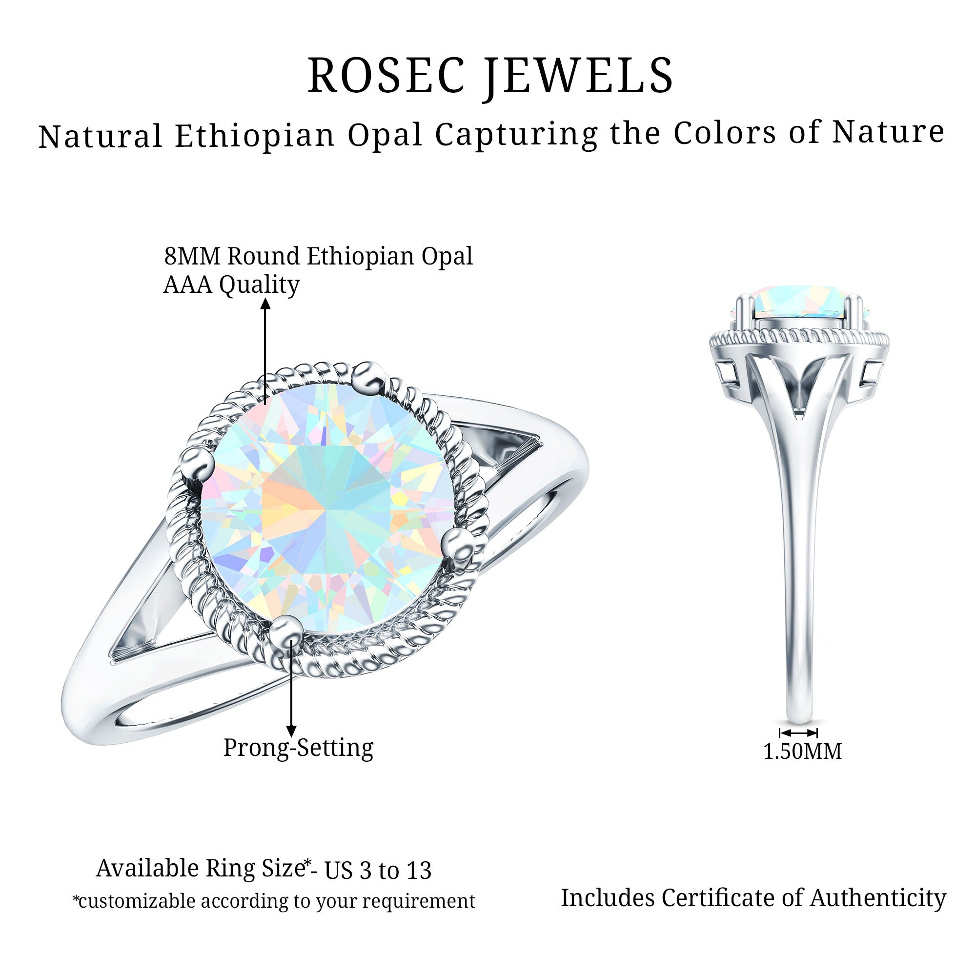 Certified Real 8 mm Round Ethiopian Opal Split Shank Engagement Ring with Twisted Rope AAA - Rosec Jewels