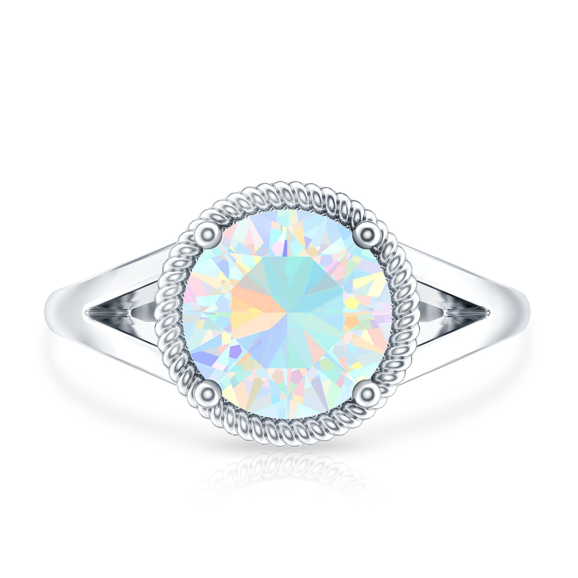 Certified Real 8 mm Round Ethiopian Opal Split Shank Engagement Ring with Twisted Rope AAA - Rosec Jewels