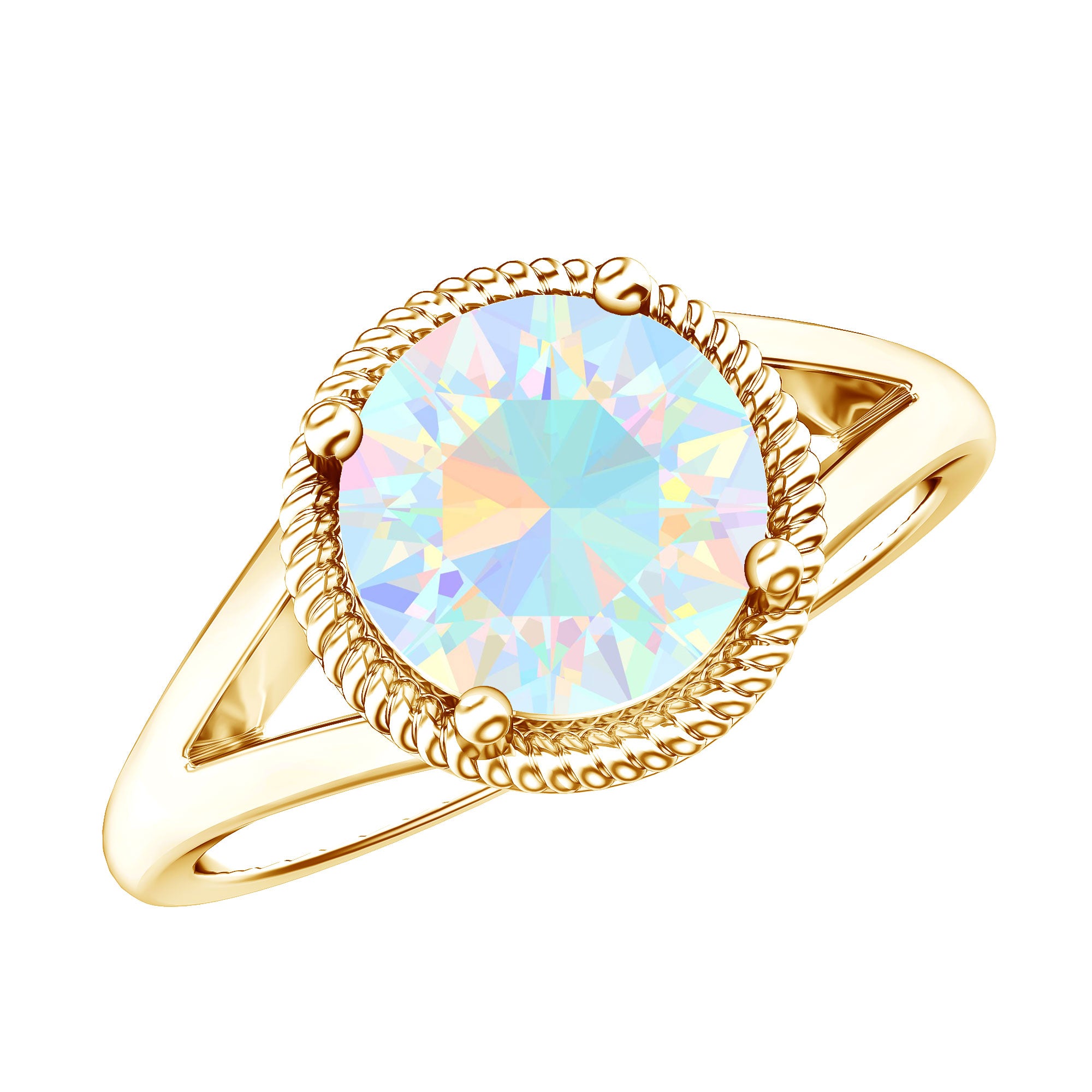 Certified Real 8 mm Round Ethiopian Opal Split Shank Engagement Ring with Twisted Rope AAA - Rosec Jewels