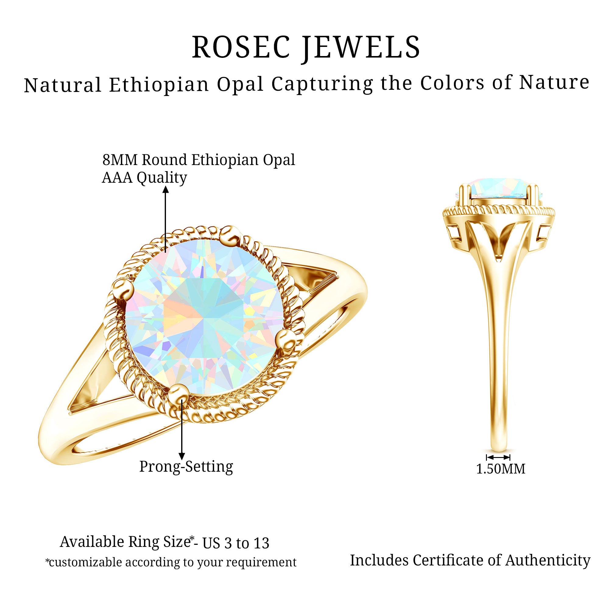Certified Real 8 mm Round Ethiopian Opal Split Shank Engagement Ring with Twisted Rope AAA - Rosec Jewels