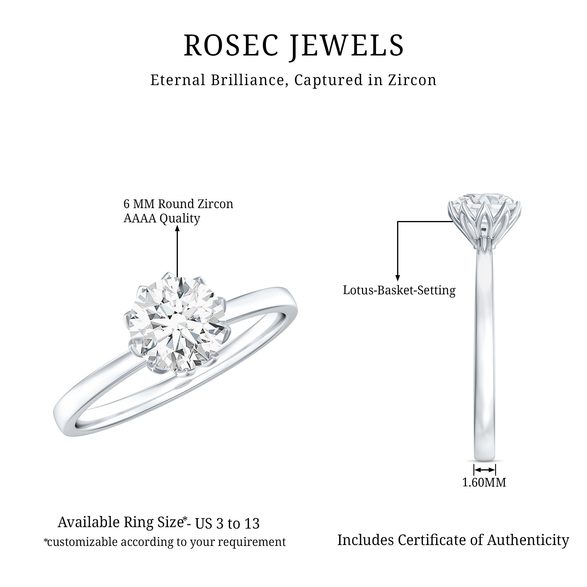 1 CT Simulated Diamond Solitaire Ring in Lotus Basket Setting AAAA - Rosec Jewels