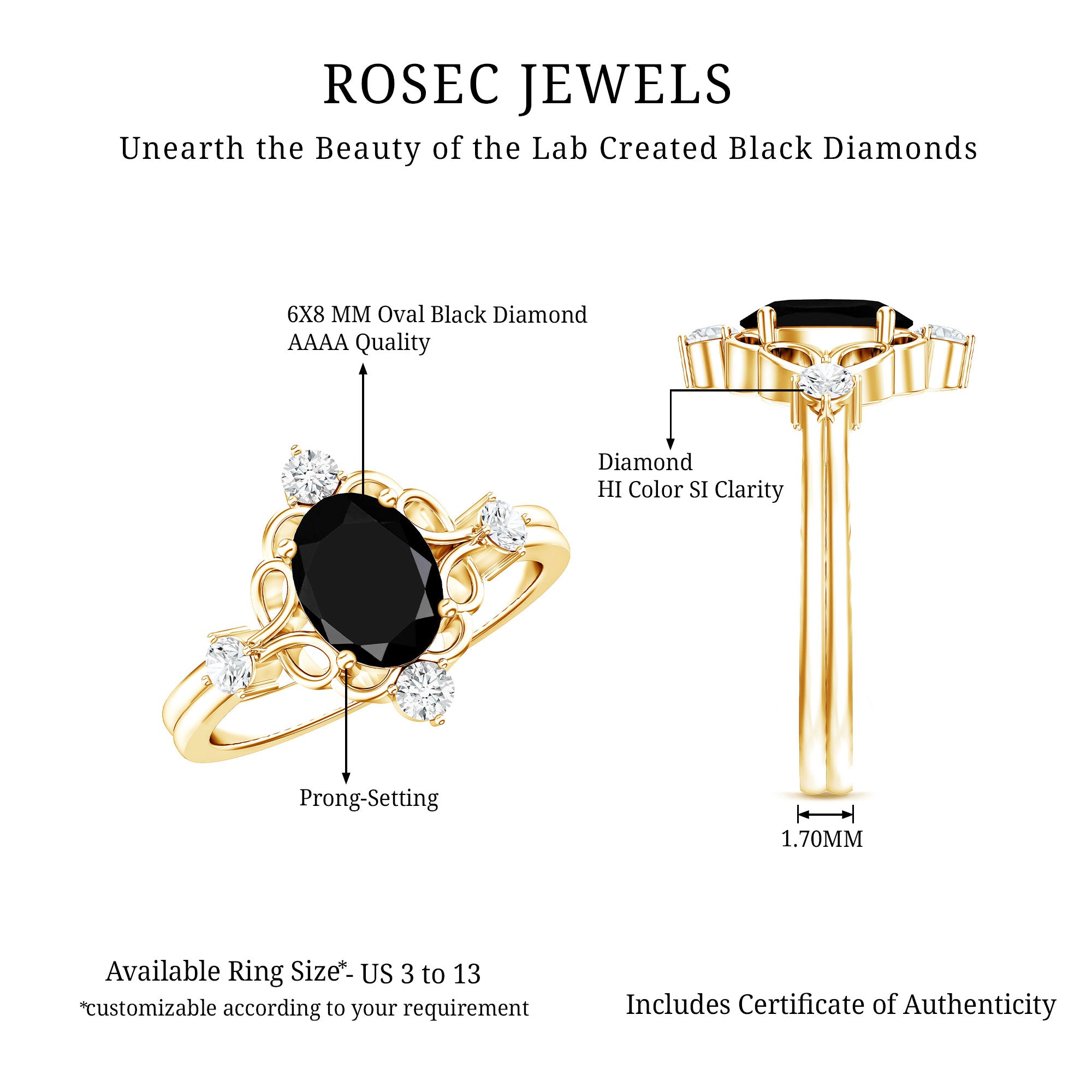 Vintage Style 1.9 Carat Lab Grown Black Diamond Oval Engagement Ring with White Diamond AAAA ( Synthetic ) - Rosec Jewels