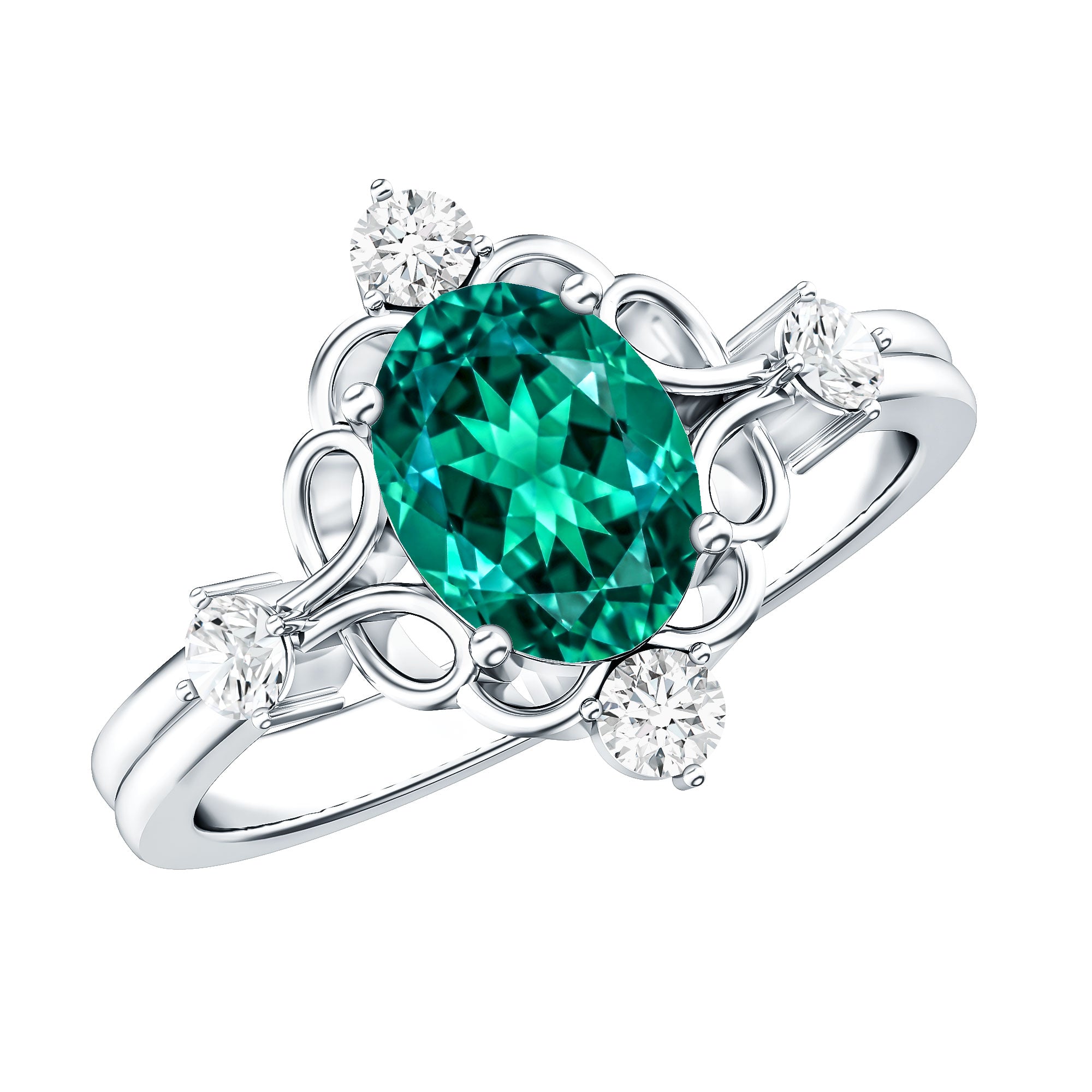 Vintage Inspired 1.2 Carat Lab Grown Emerald Oval Engagement Ring with Diamond