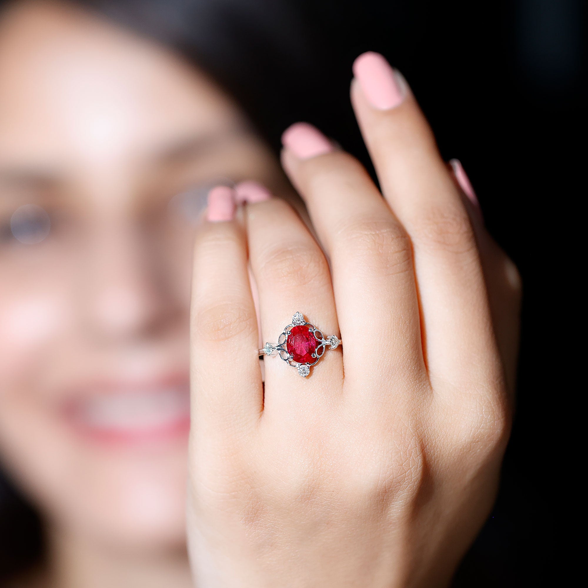 Oval Cut Created Ruby Solitaire Cocktail Ring with Diamond AAAA - Rosec Jewels