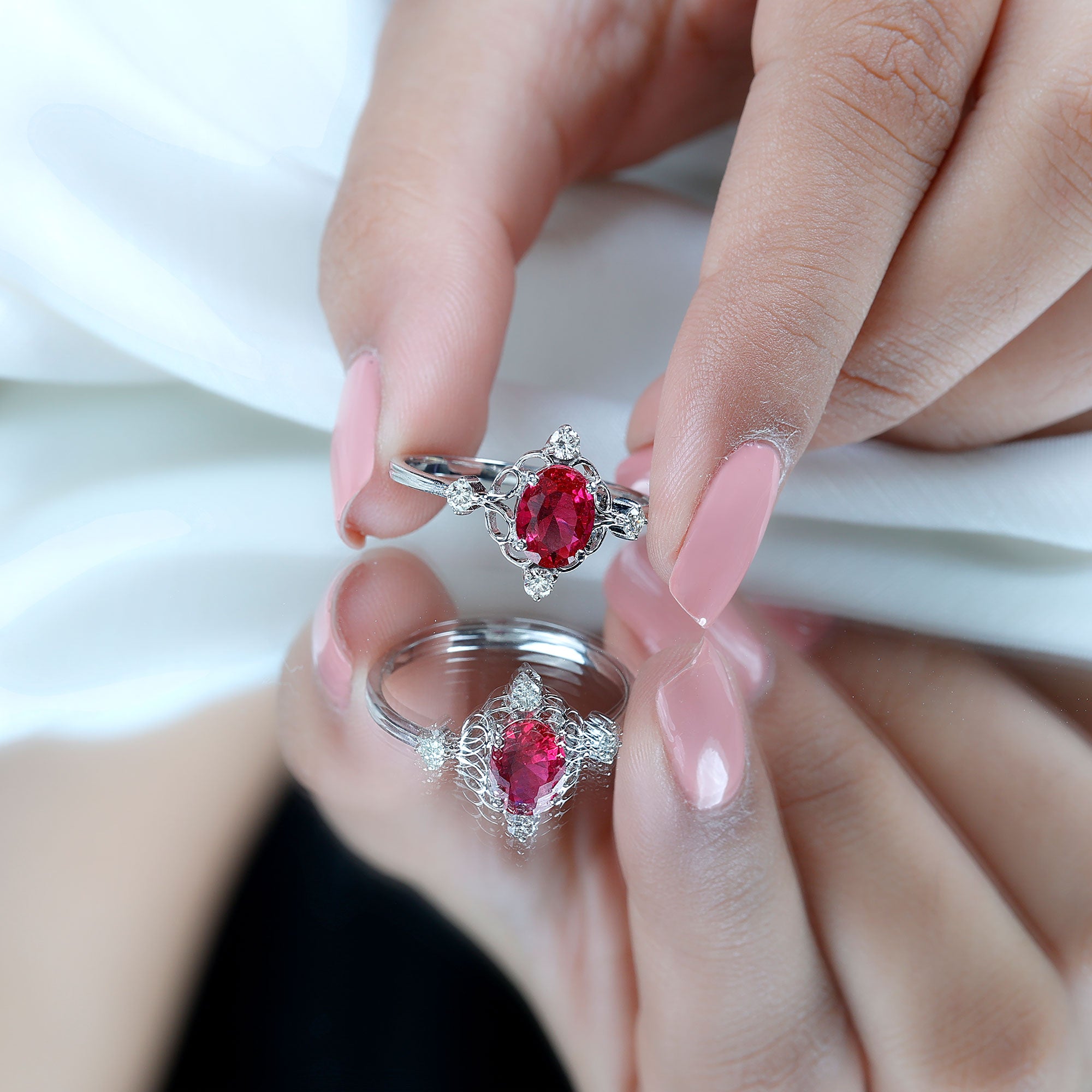 Oval Cut Created Ruby Solitaire Cocktail Ring with Diamond AAAA - Rosec Jewels