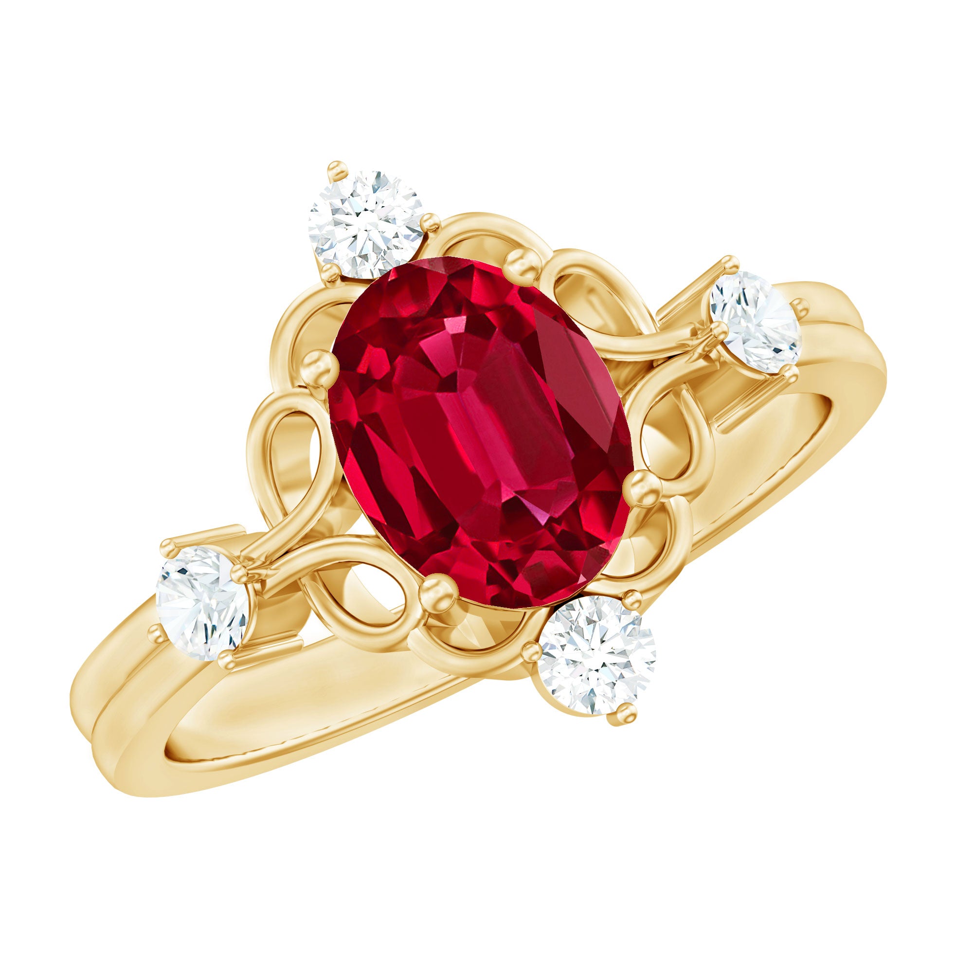Rosec Jewels-Oval Cut Created Ruby Solitaire Cocktail Ring with Diamond