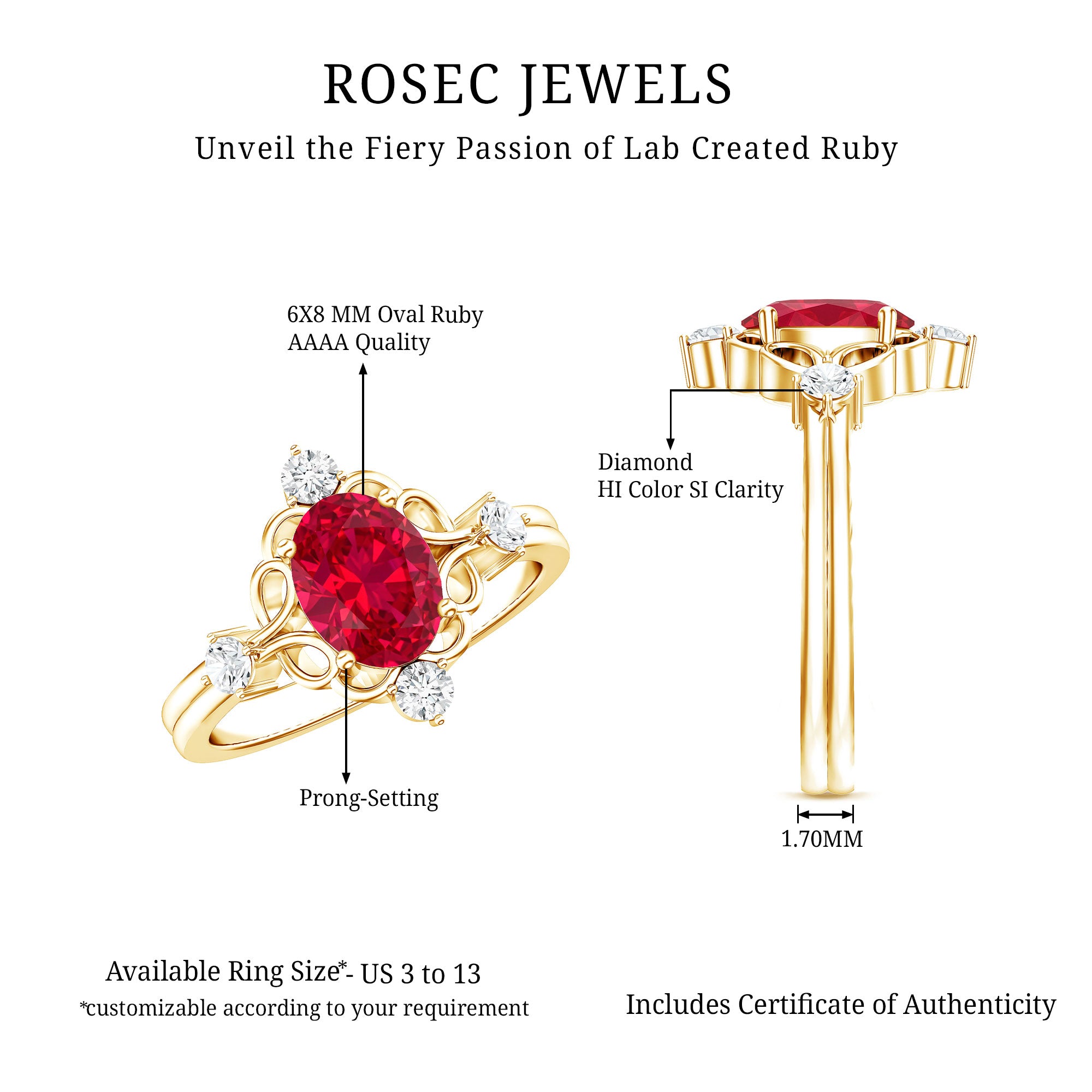 Oval Cut Created Ruby Solitaire Cocktail Ring with Diamond AAAA - Rosec Jewels