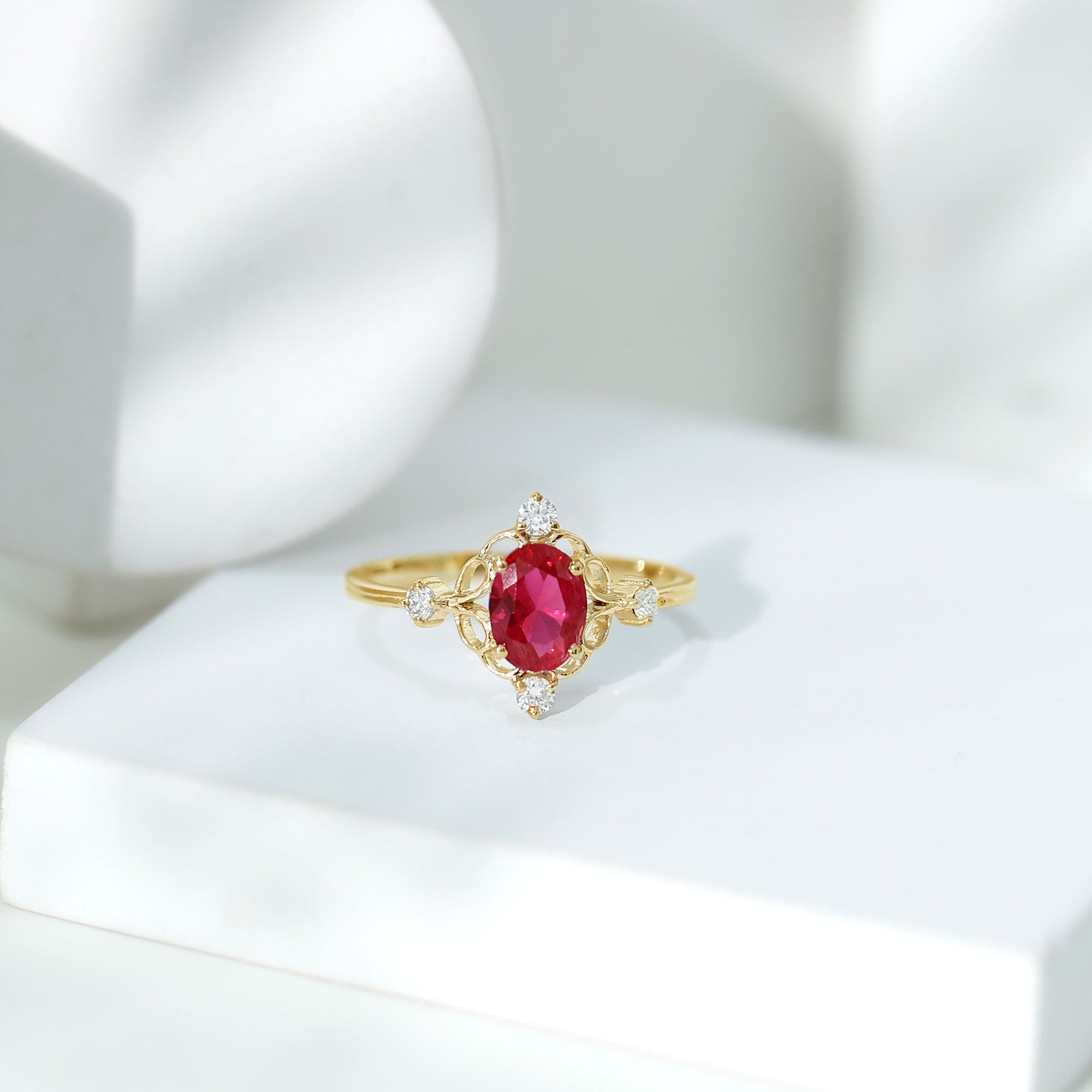 Oval Cut Created Ruby Solitaire Cocktail Ring with Diamond AAAA - Rosec Jewels