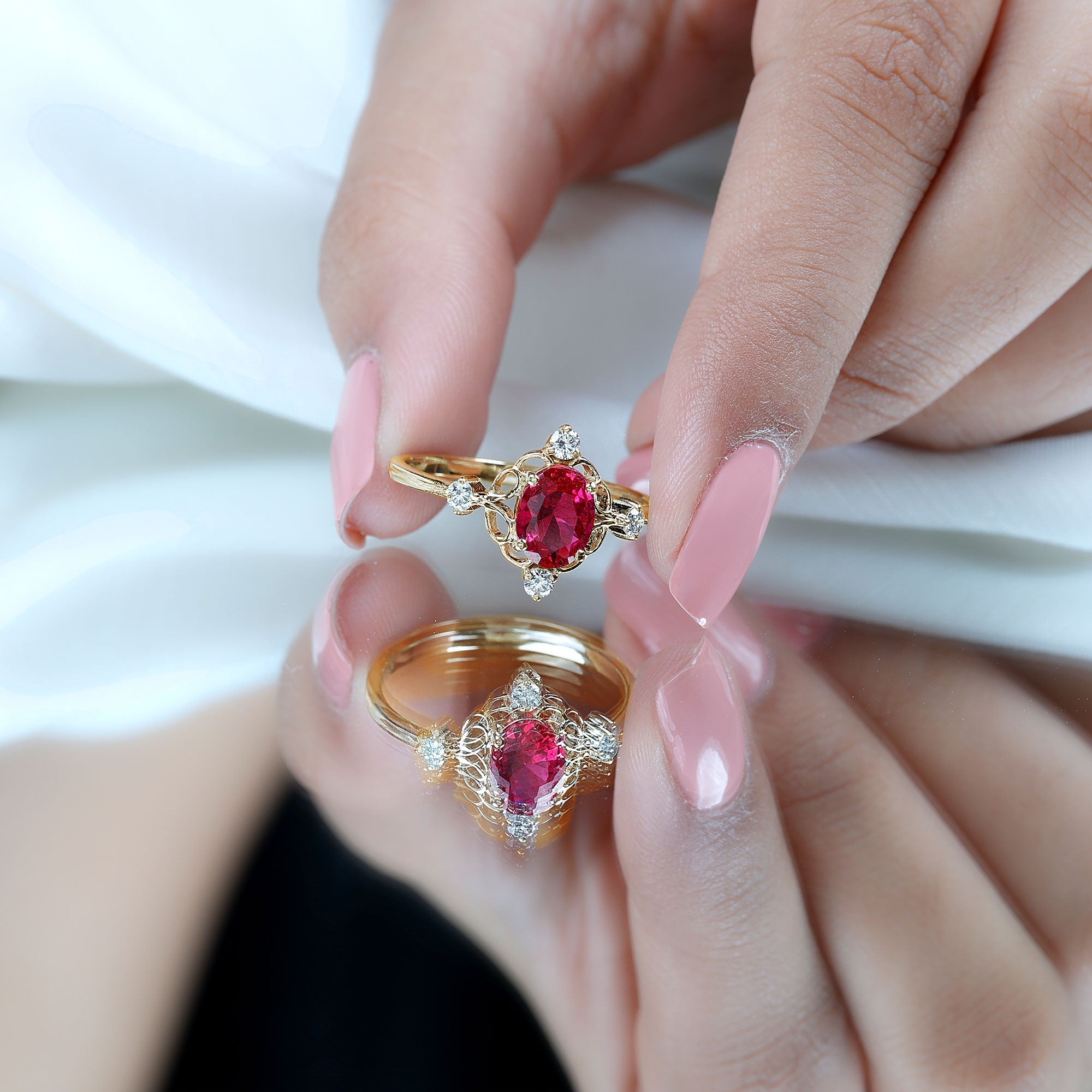Oval Cut Created Ruby Solitaire Cocktail Ring with Diamond AAAA - Rosec Jewels