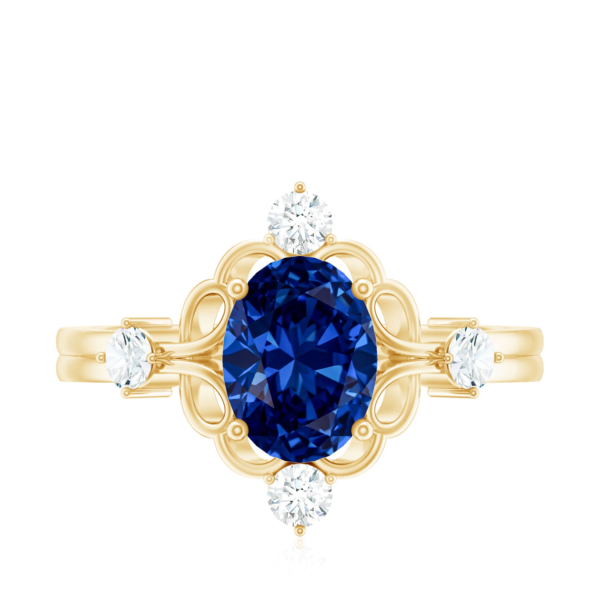 1.5 Carat Oval Cut Lab Grown Blue Sapphire Vintage Engagement Ring with Diamond AAAA - Rosec Jewels