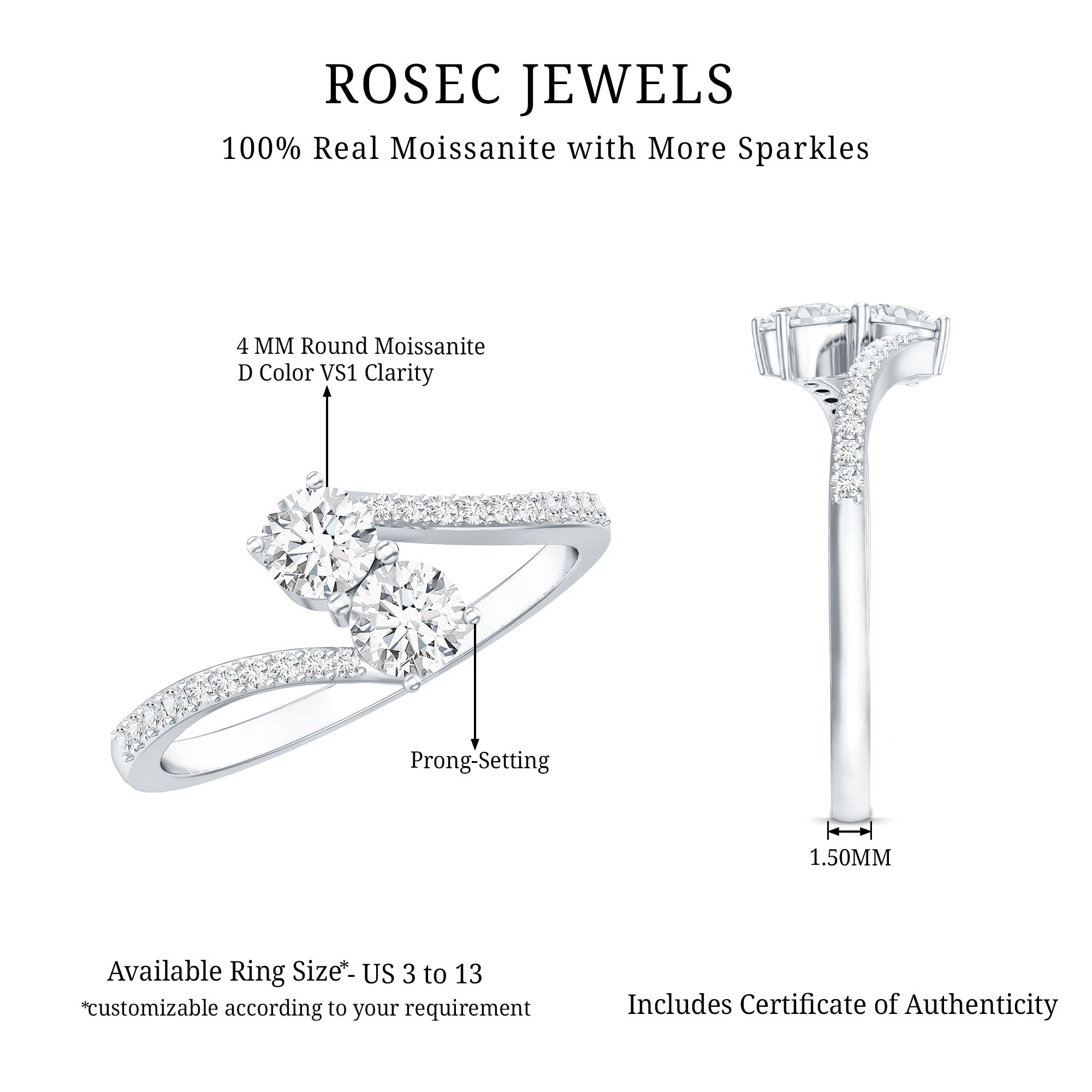 Certified Moissanite 2 Stone Promise Ring in Bypass Shank D-VS1 - Rosec Jewels