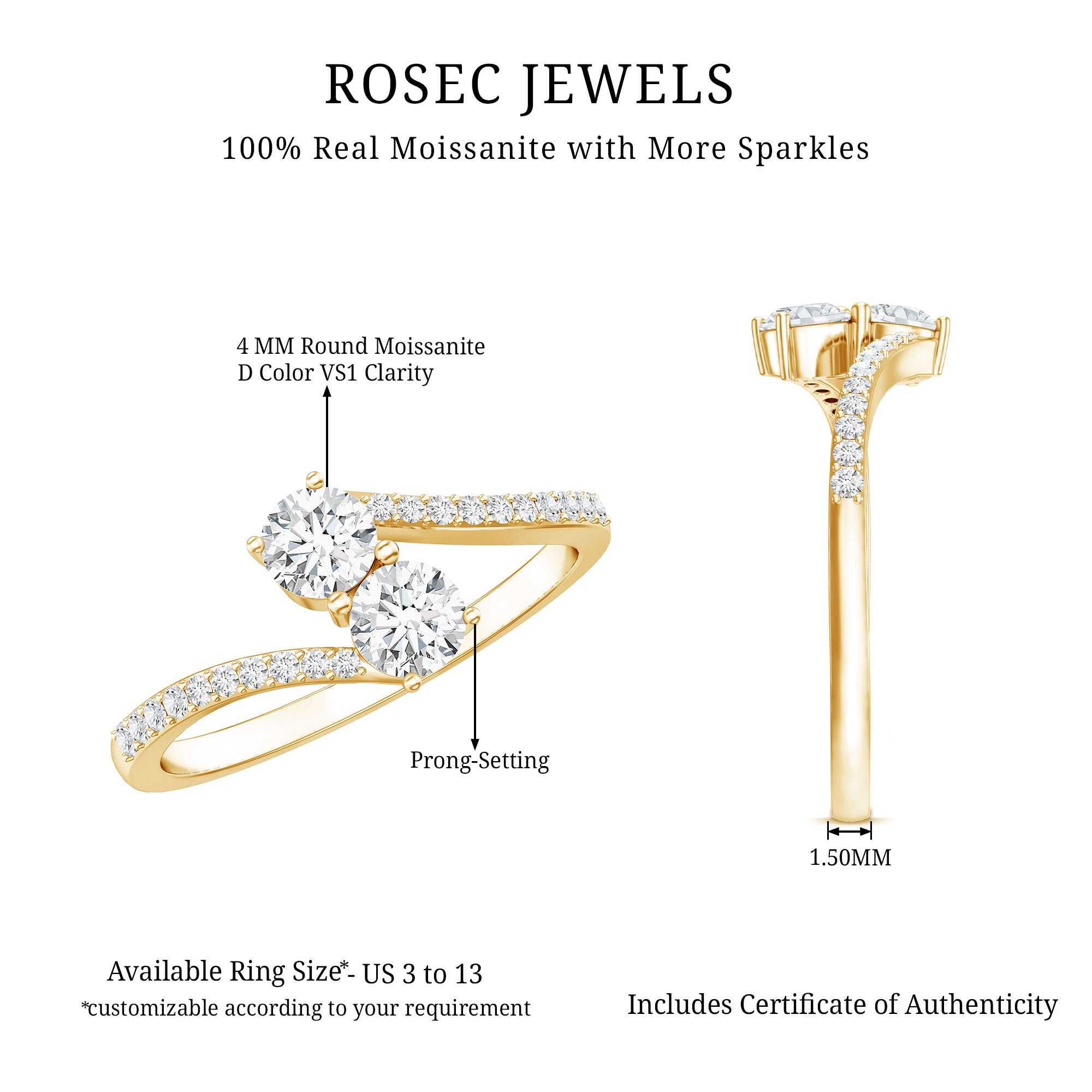 Certified Moissanite 2 Stone Promise Ring in Bypass Shank D-VS1 - Rosec Jewels