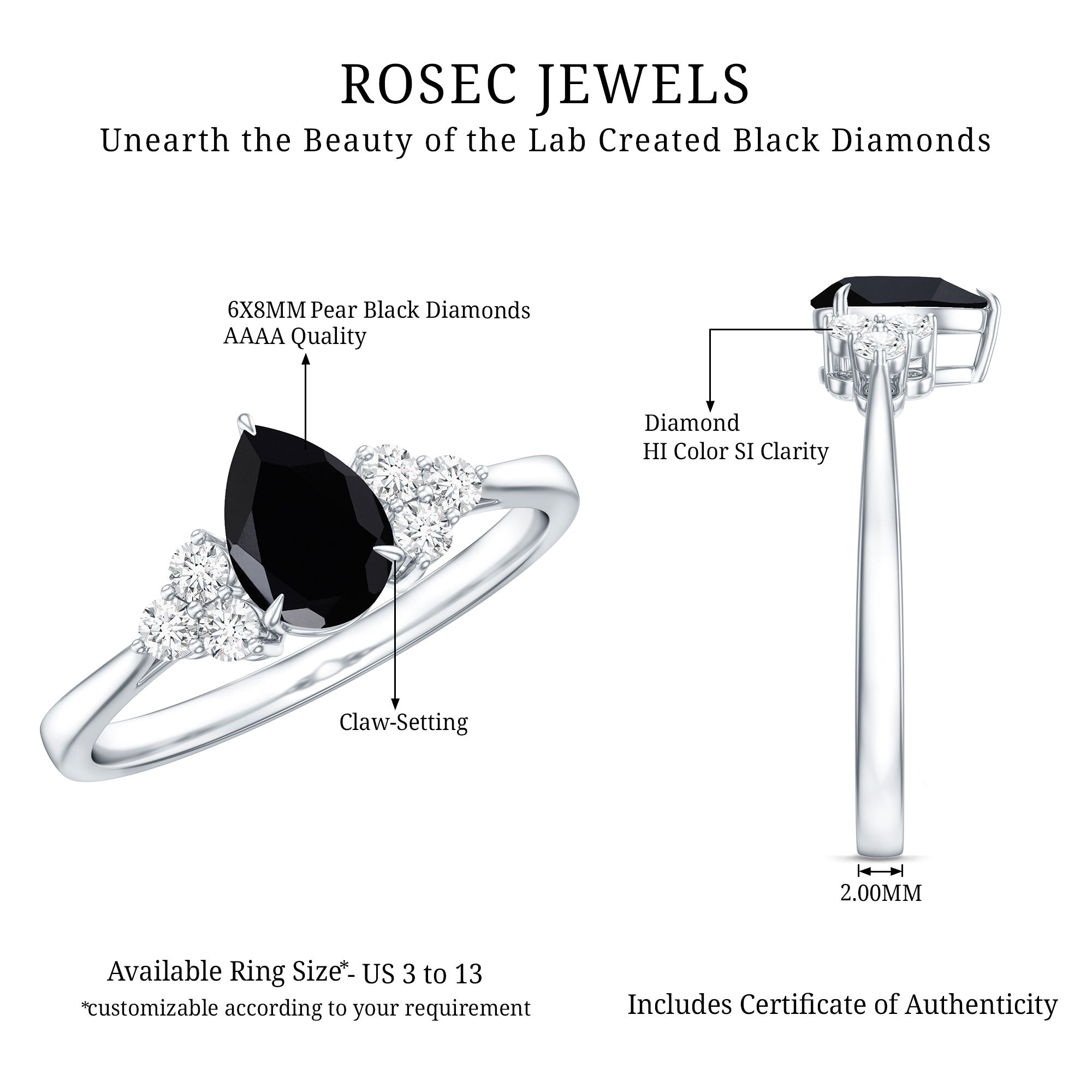 1 CT Pear Shaped Created Black Diamond Solitaire Ring with Diamond AAAA ( Synthetic ) - Rosec Jewels