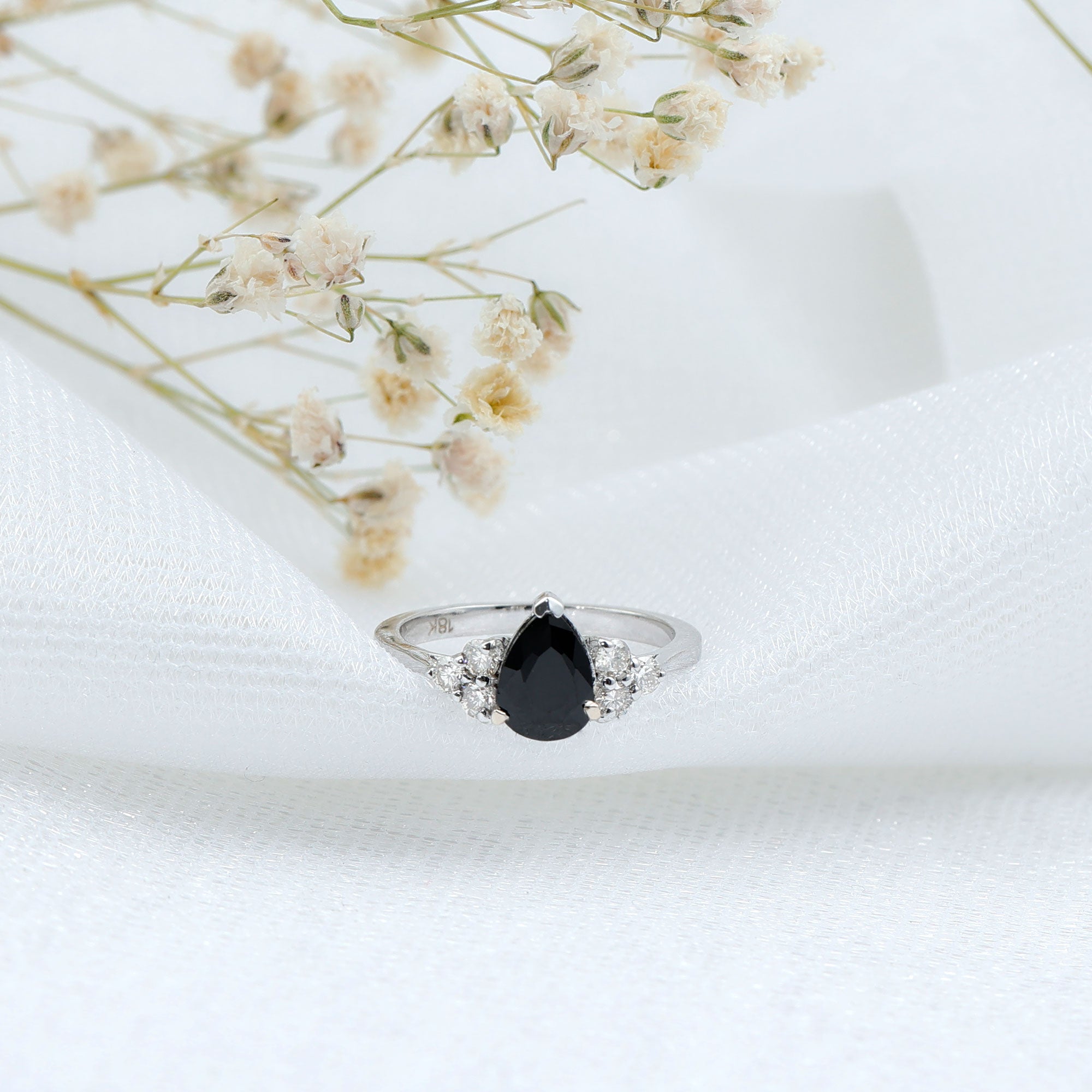 1 CT Pear Shaped Created Black Diamond Solitaire Ring with Diamond AAAA ( Synthetic ) - Rosec Jewels