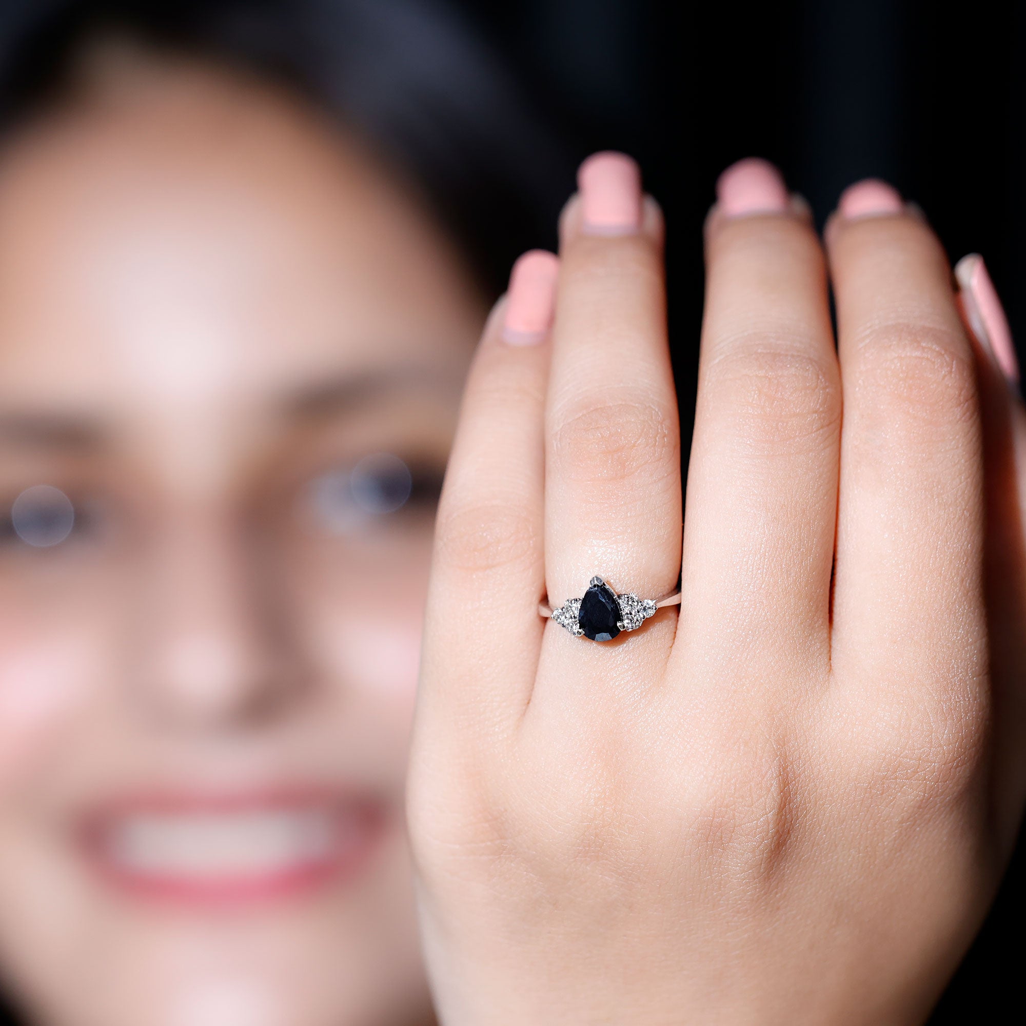1 CT Pear Shaped Created Black Diamond Solitaire Ring with Diamond AAAA ( Synthetic ) - Rosec Jewels