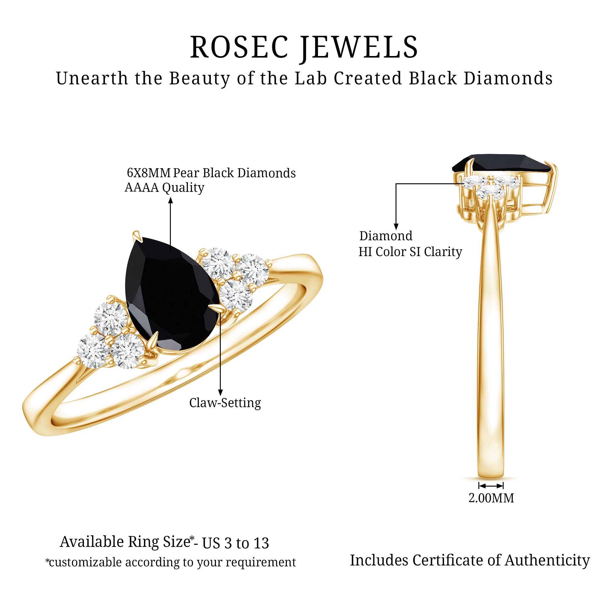 1 CT Pear Shaped Created Black Diamond Solitaire Ring with Diamond AAAA ( Synthetic ) - Rosec Jewels