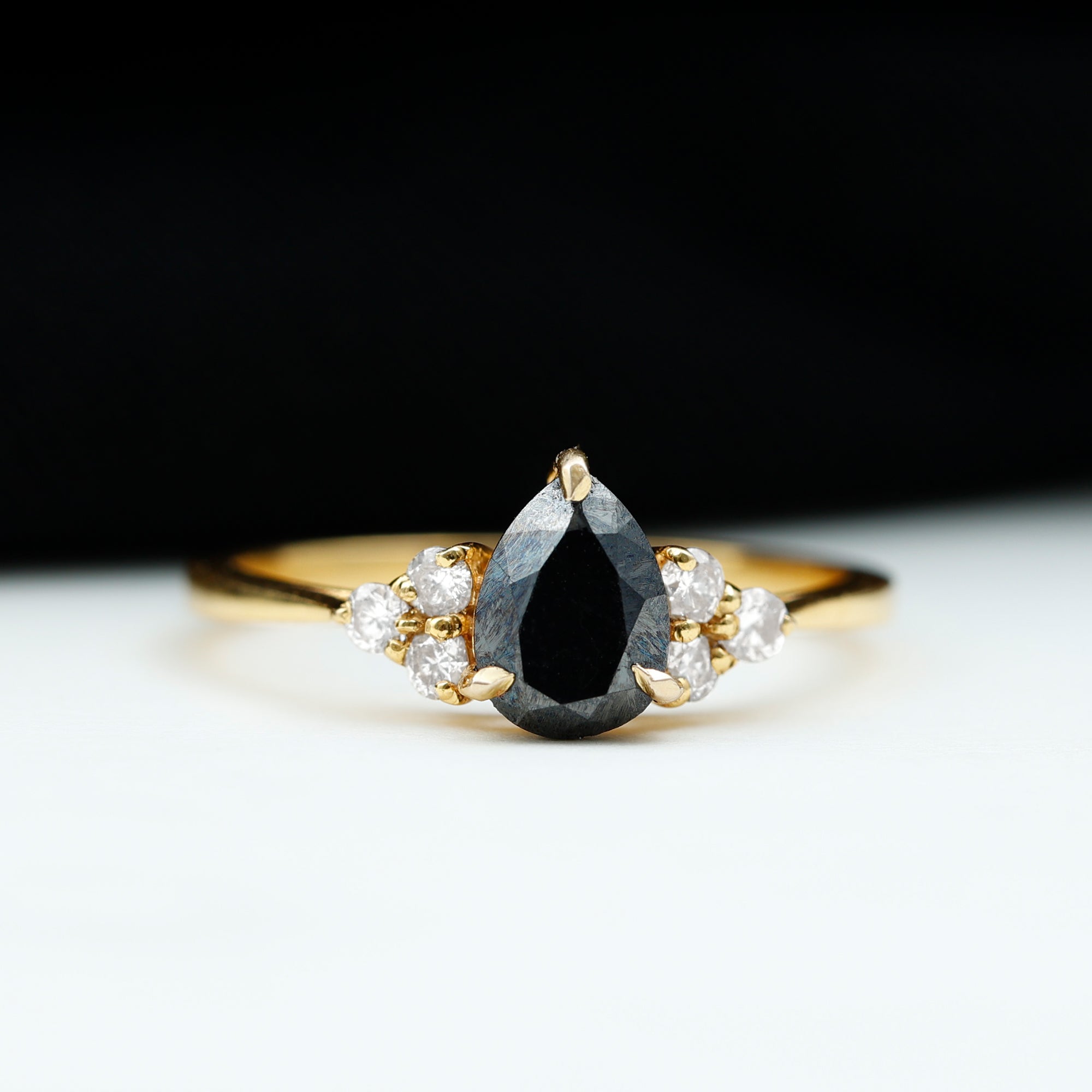 1 CT Pear Shaped Created Black Diamond Solitaire Ring with Diamond AAAA ( Synthetic ) - Rosec Jewels