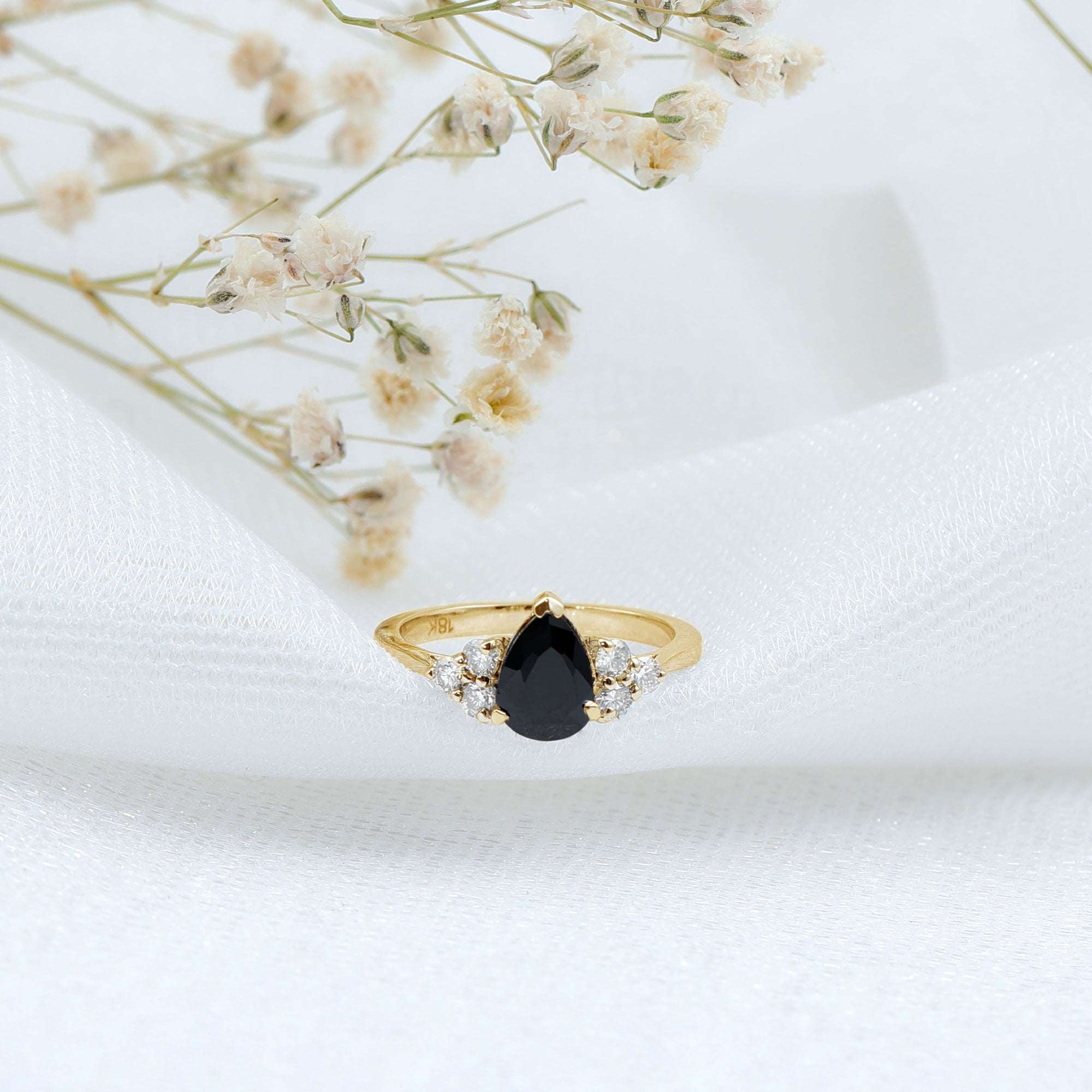 1 CT Pear Shaped Created Black Diamond Solitaire Ring with Diamond AAAA ( Synthetic ) - Rosec Jewels