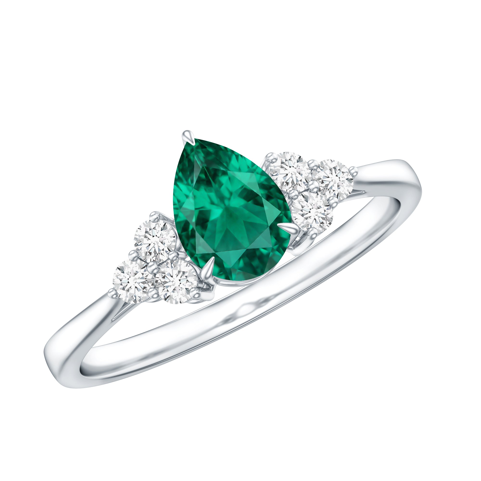 Certified Lab Grown Emerald Pear Shaped Engagement Ring with Diamond Trio AAAA - Rosec Jewels