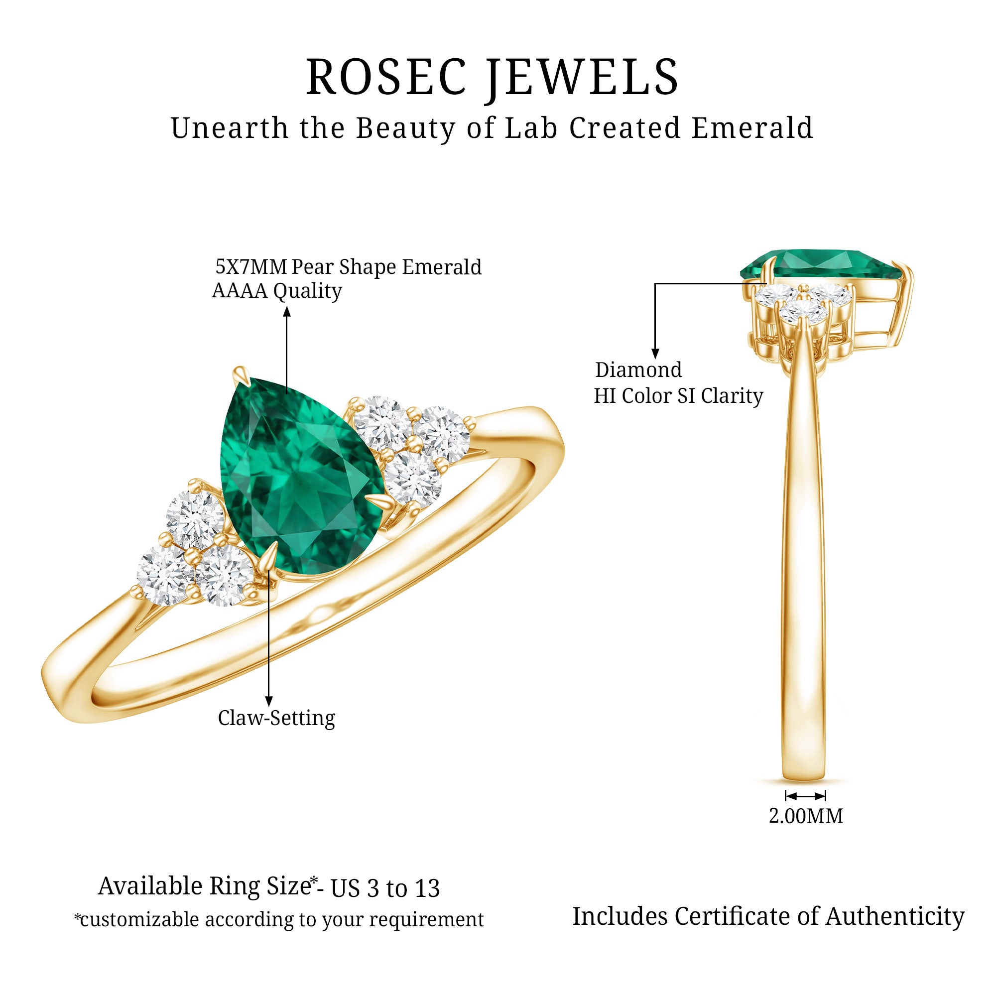 Certified Lab Grown Emerald Pear Shaped Engagement Ring with Diamond Trio AAAA - Rosec Jewels