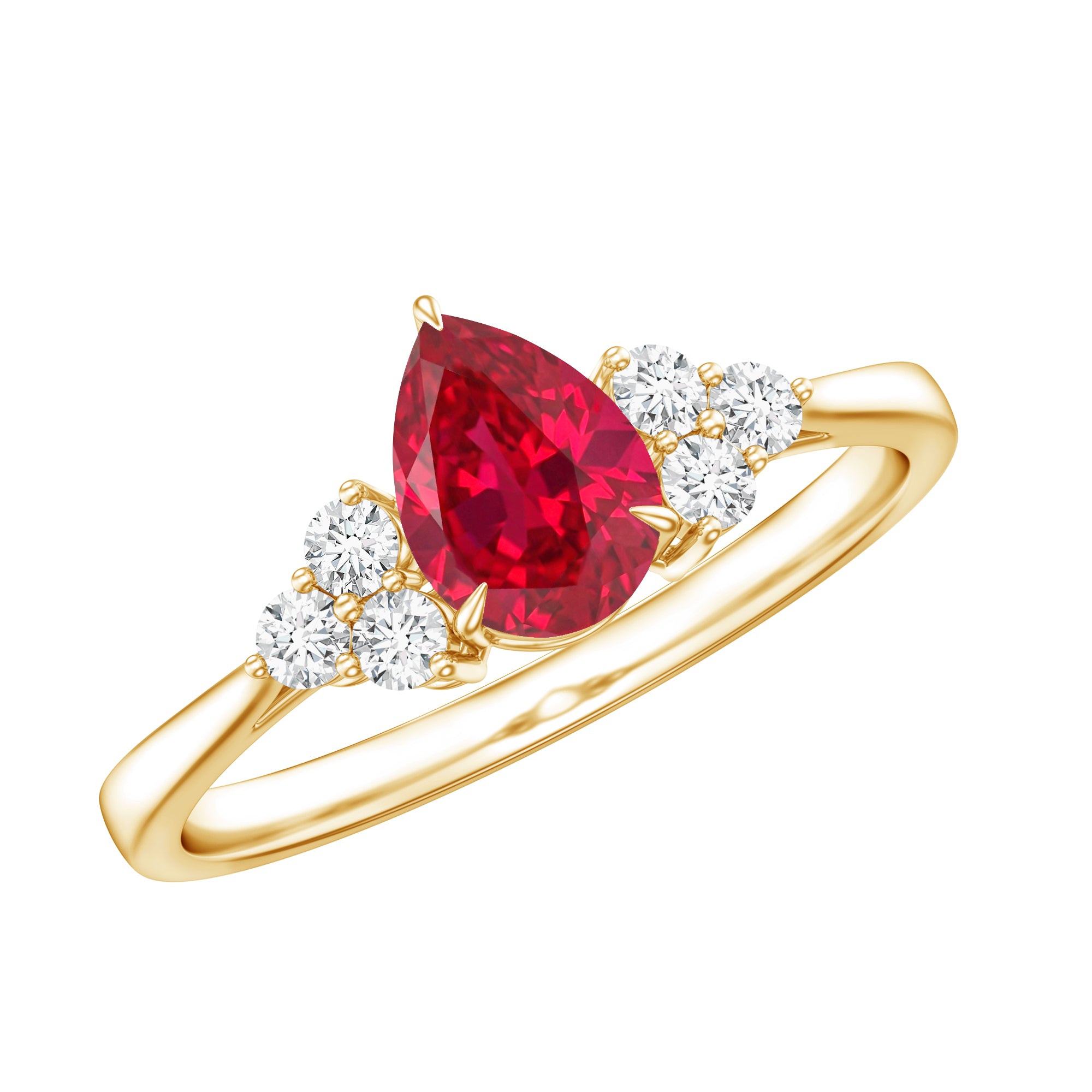 Pear Shaped Lab Ruby Engagement Ring with Diamond Trio AAAA - Rosec Jewels