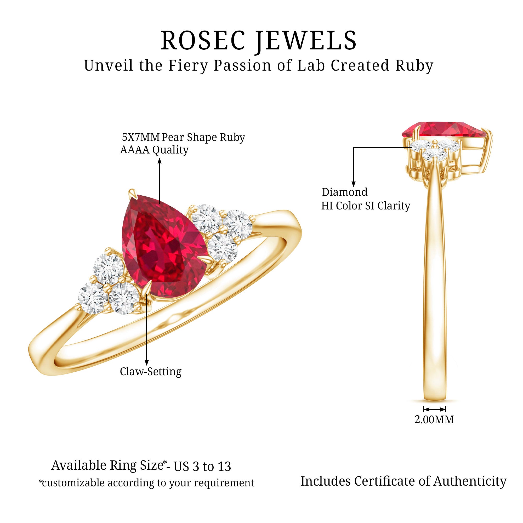 Rosec Jewels-Pear Shaped Lab Ruby Engagement Ring with Diamond Trio