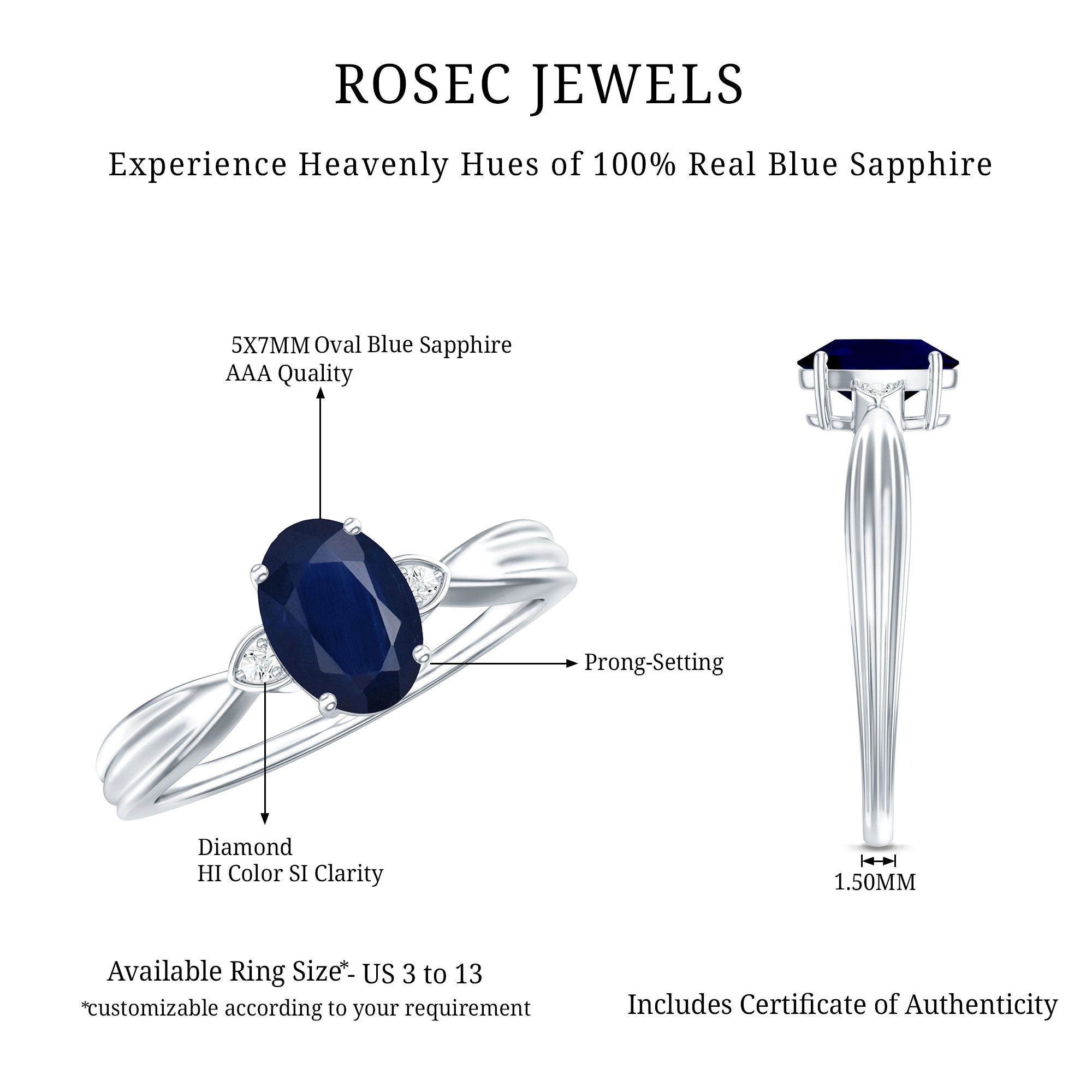 Oval Shape Real Blue Sapphire Solitaire Ring with Diamond AAA - Rosec Jewels