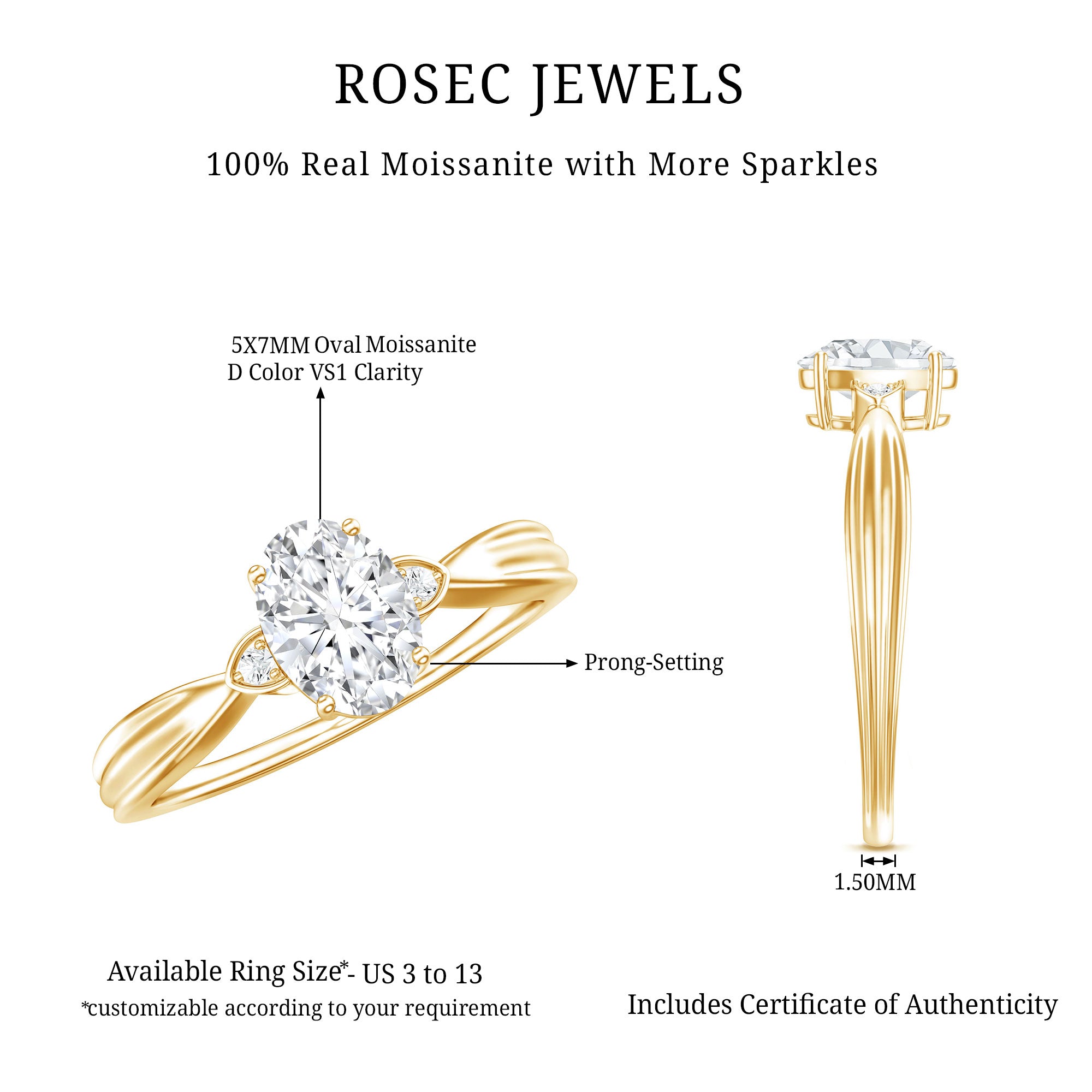 Oval Moissanite Solitaire Engagement Ring with Certificate D-VS1 - Rosec Jewels