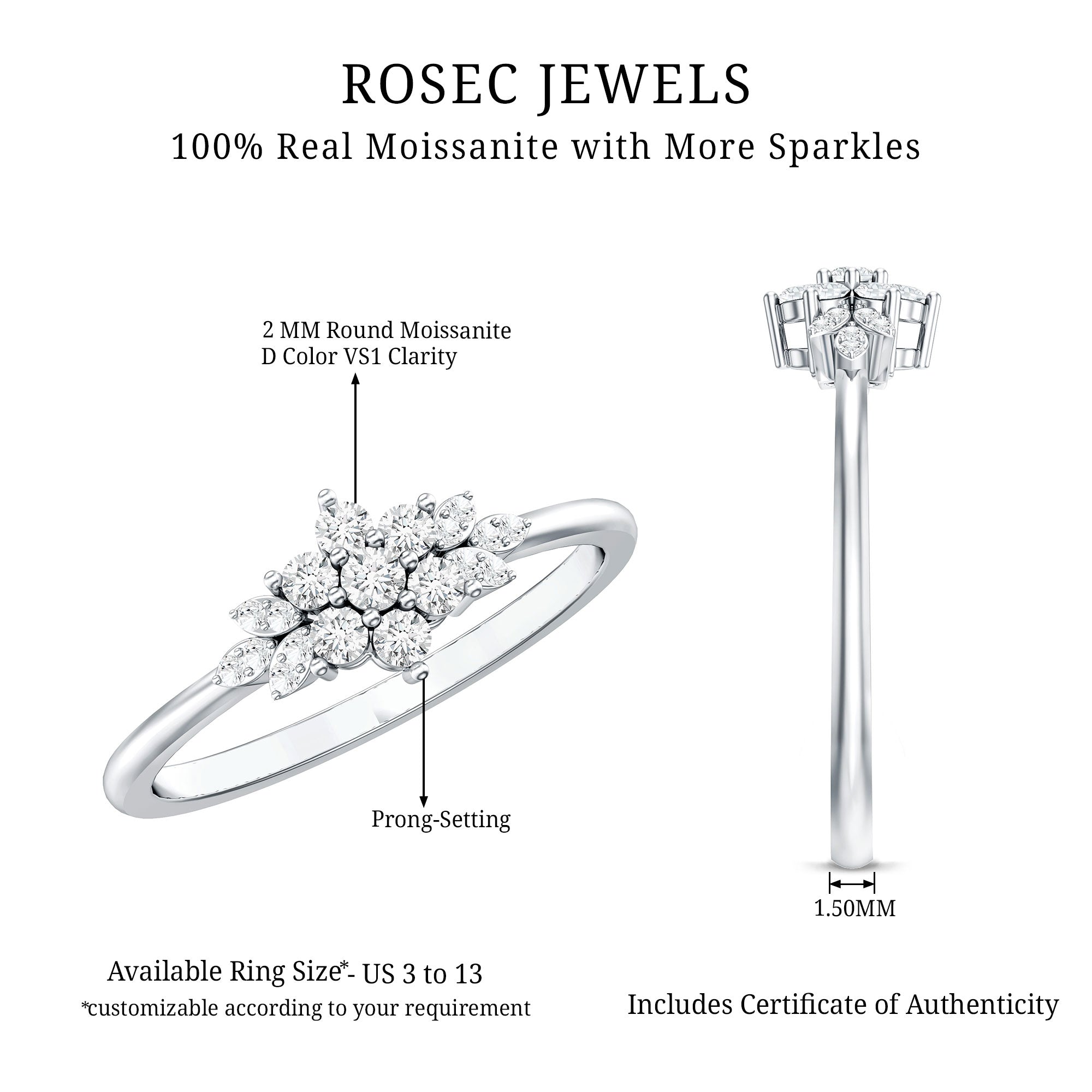 Certified Moissanite Flower Cluster Ring for Women D-VS1 - Rosec Jewels
