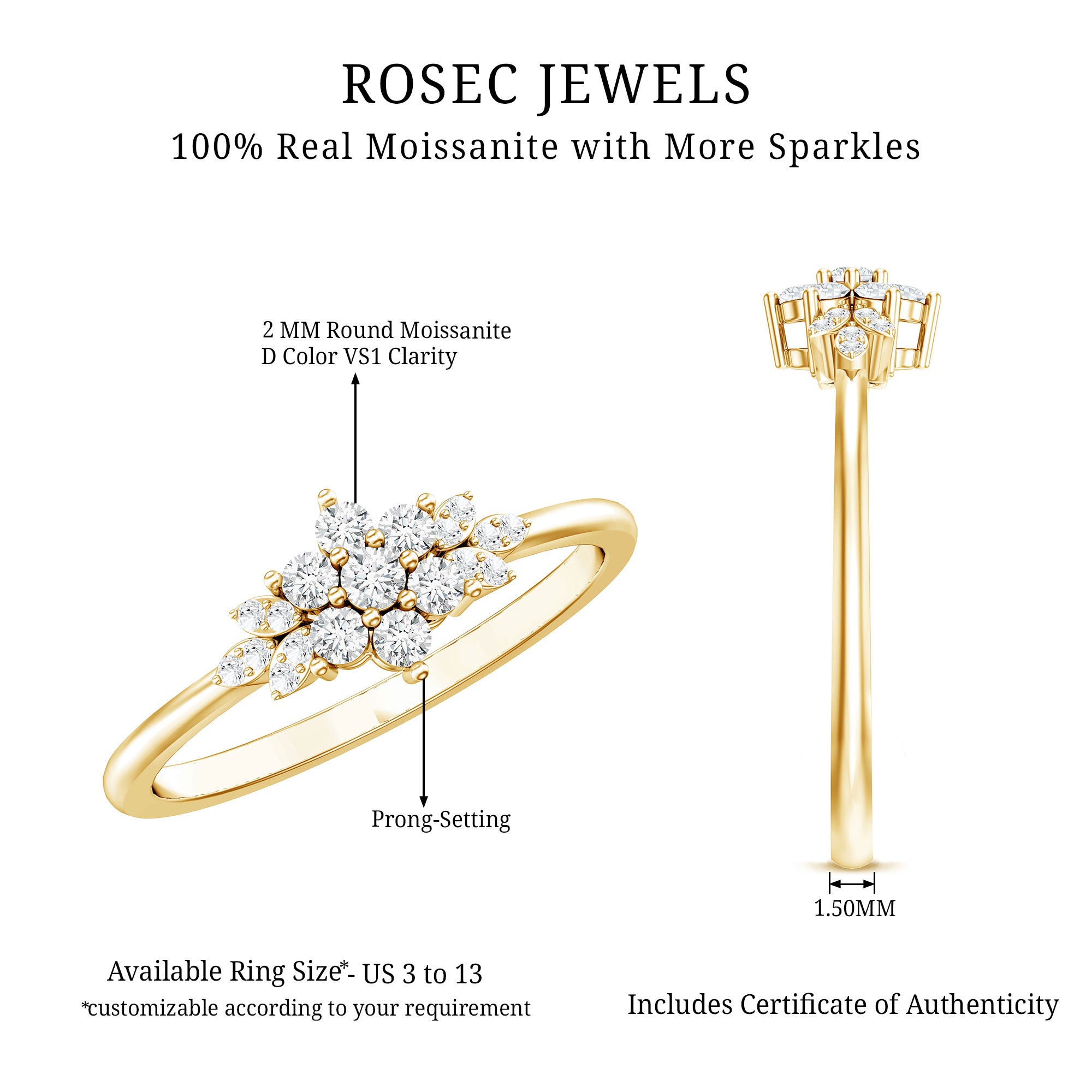 Rosec Jewels-Certified Moissanite Flower Cluster Ring for Women