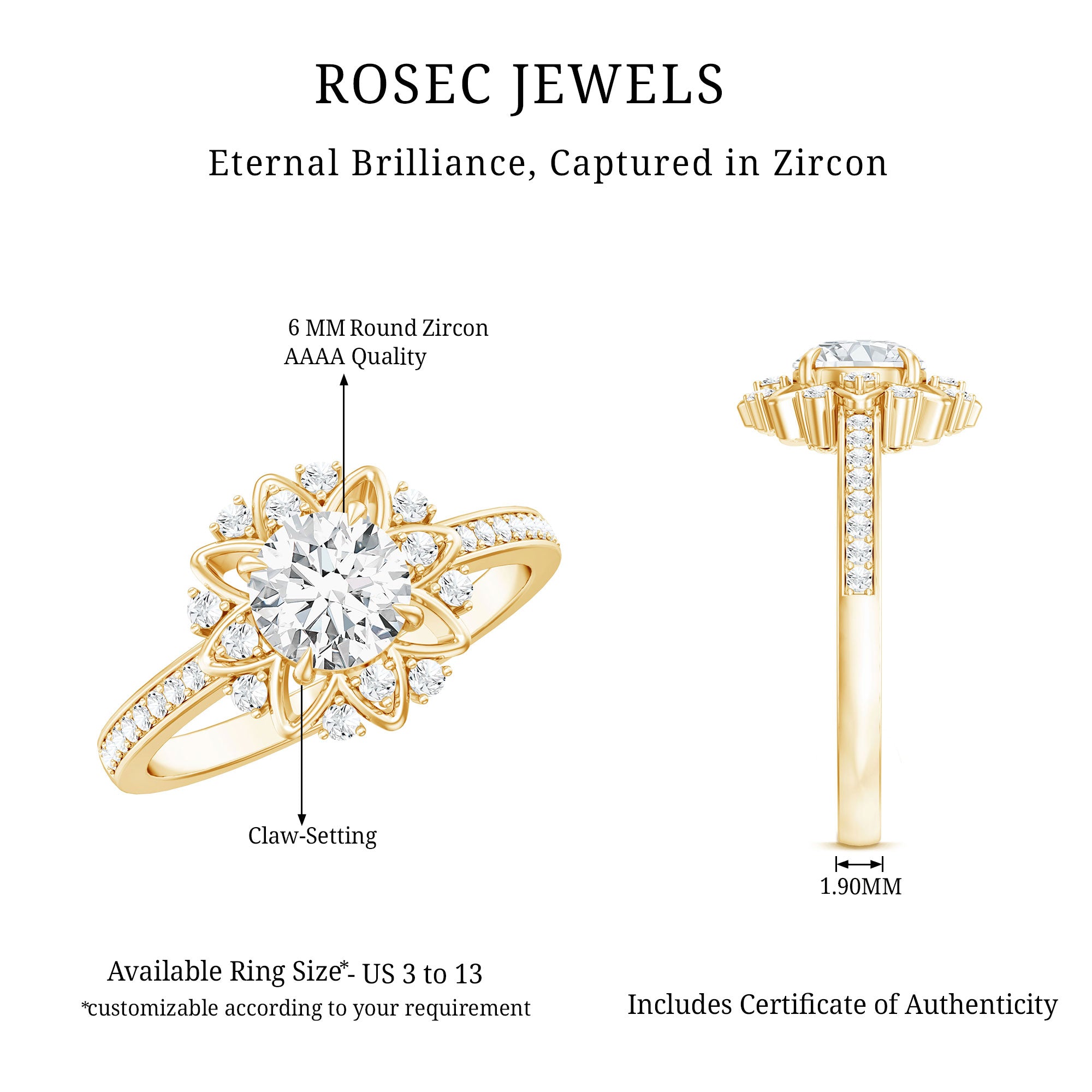 1.5 CT Round Certified Zircon Flower Engagement Ring AAAA - Rosec Jewels
