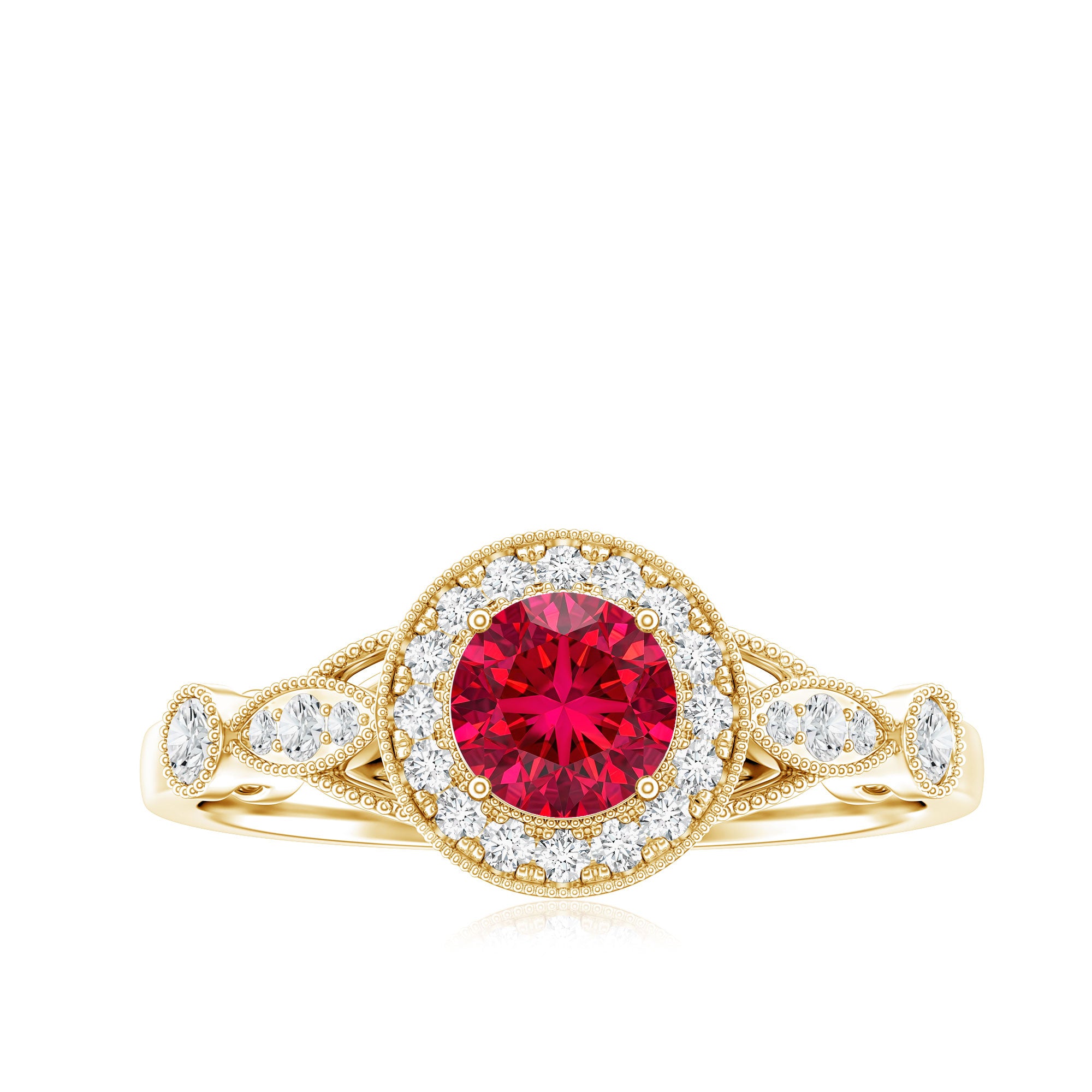 Antique Inspired Lab Created Ruby and Diamond Engagement Ring AAAA - Rosec Jewels