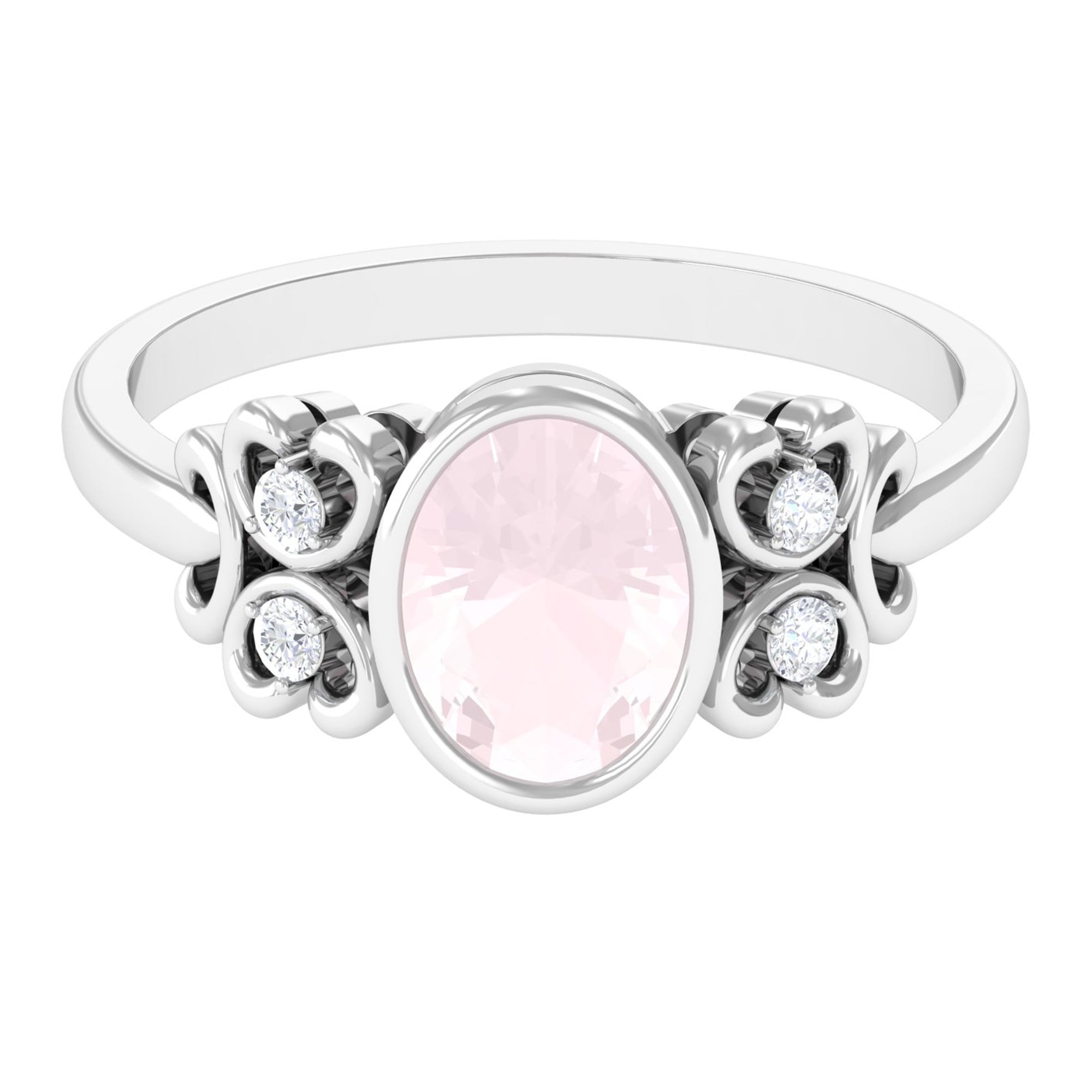 Bezel Set Oval Rose Quartz Statement Engagement Ring with Diamond