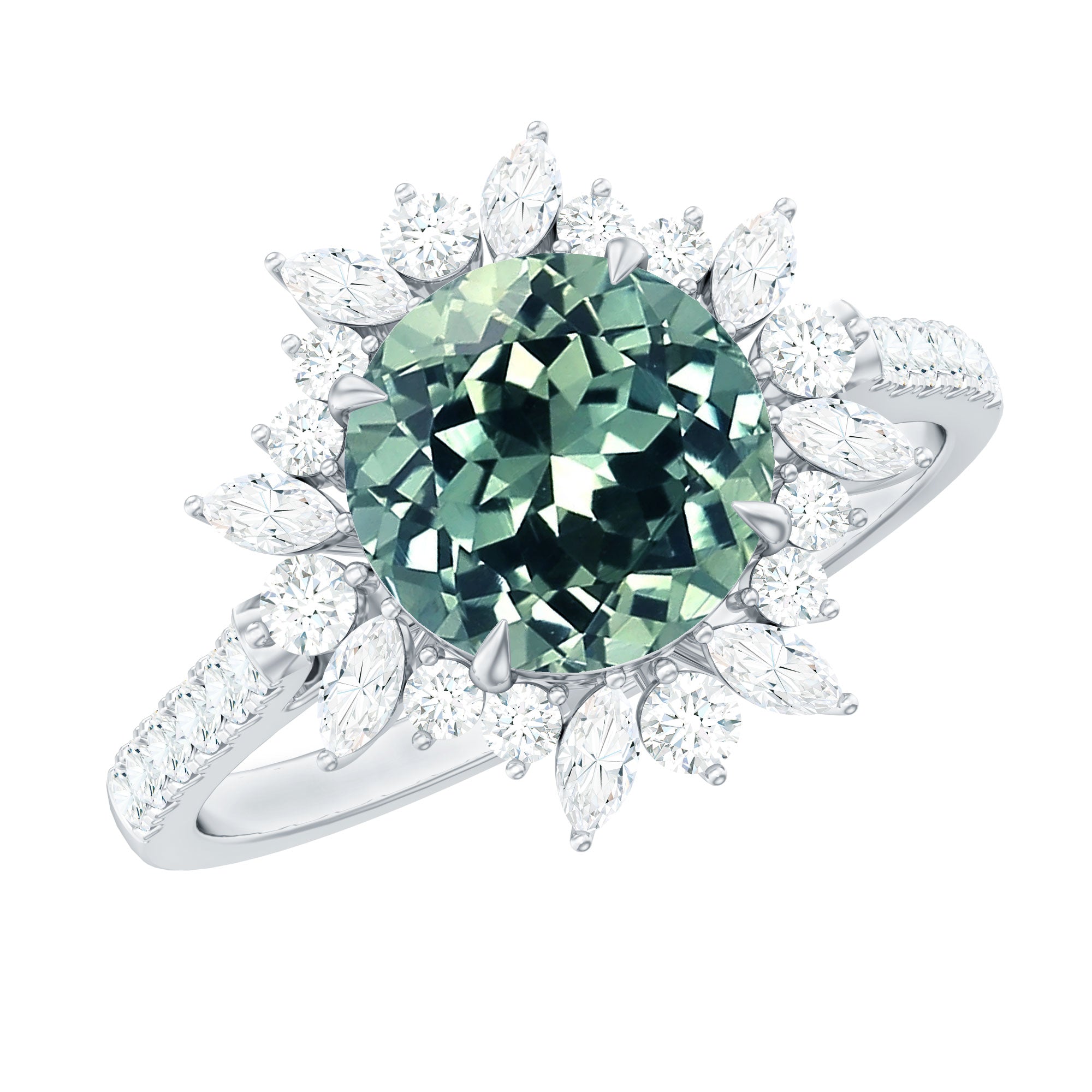 Created Green Sapphire Flower Engagement Ring with Moissanite