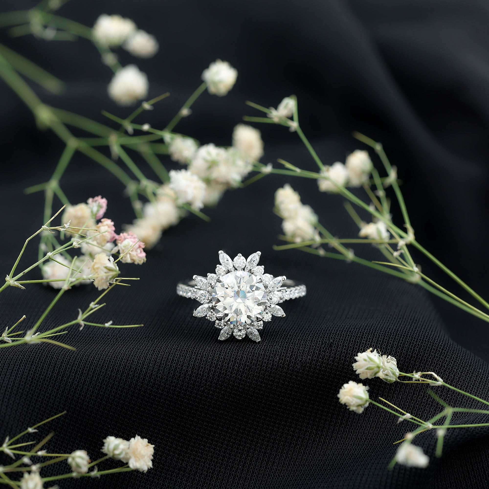 3 CT Round Zircon Floral Halo Statement Ring AAAA - Rosec Jewels