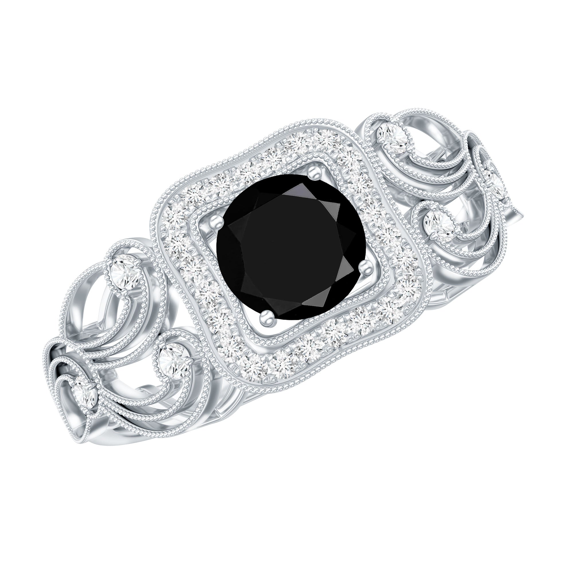 Vintage Style 0.84 Carat Lab Grown Black Diamond Engagement Ring with White Diamond AAAA ( Synthetic ) - Rosec Jewels