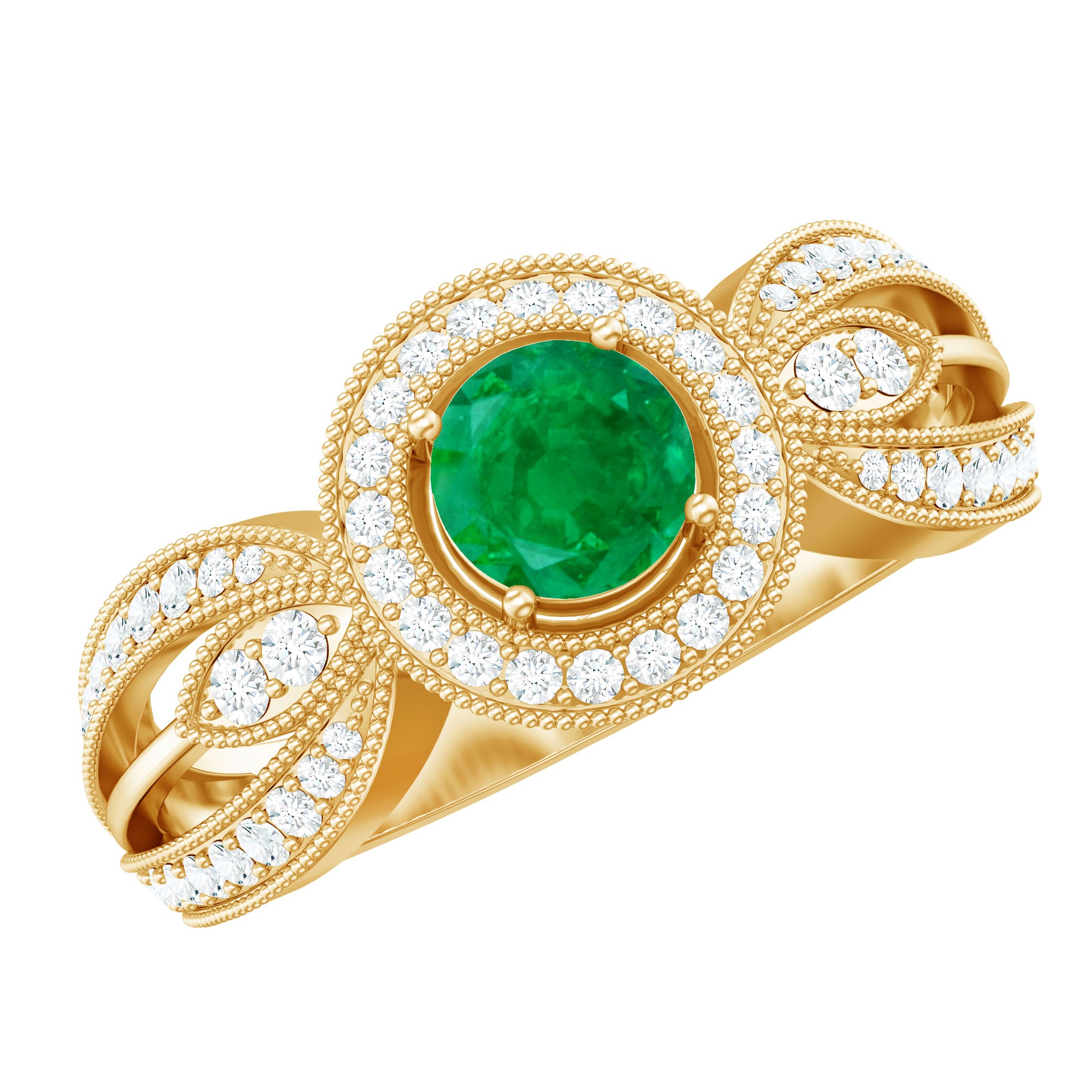 Real Emerald Diamond Vintage Looking Engagement Ring with Split Shank AAA - Rosec Jewels