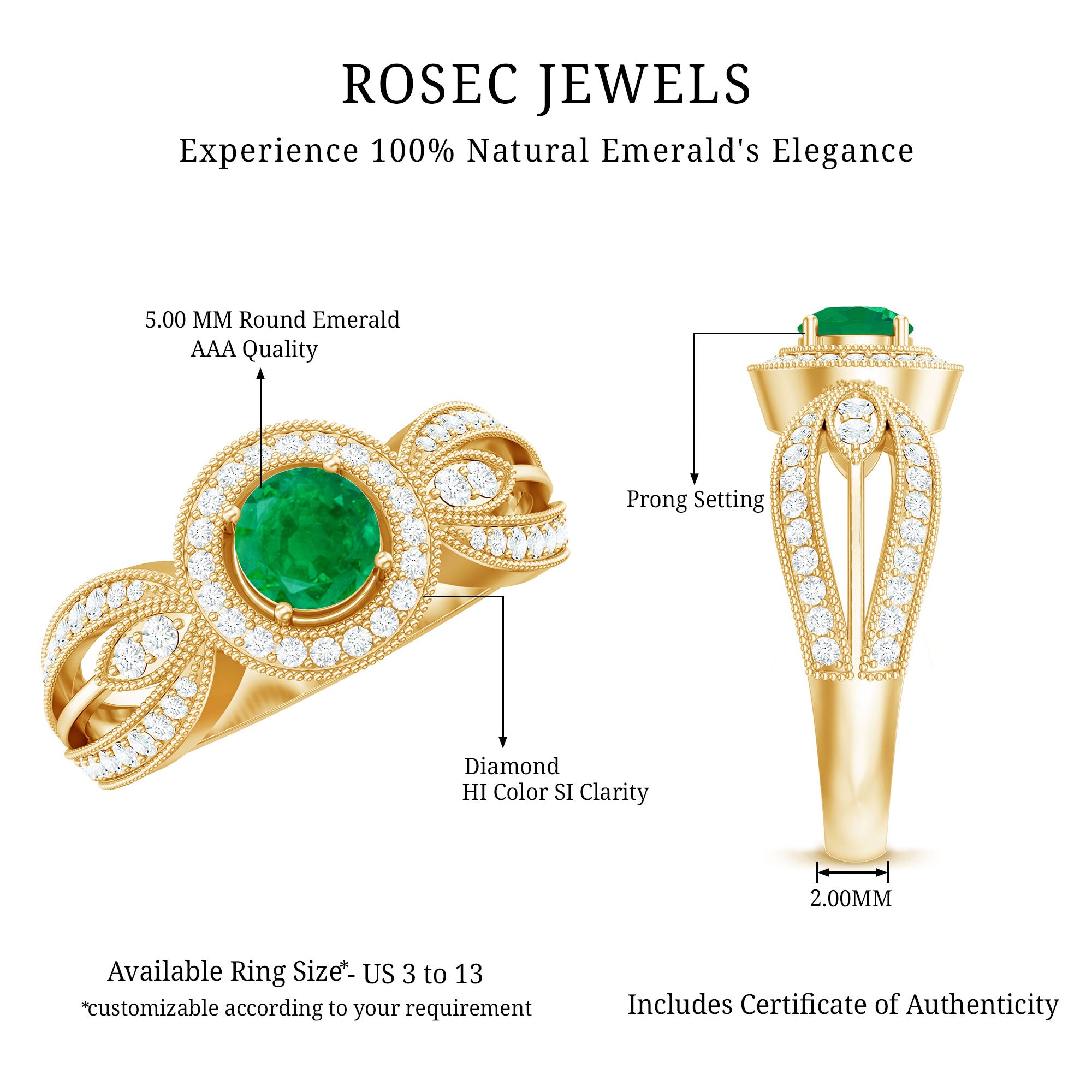 Real Emerald Diamond Vintage Looking Engagement Ring with Split Shank AAA - Rosec Jewels