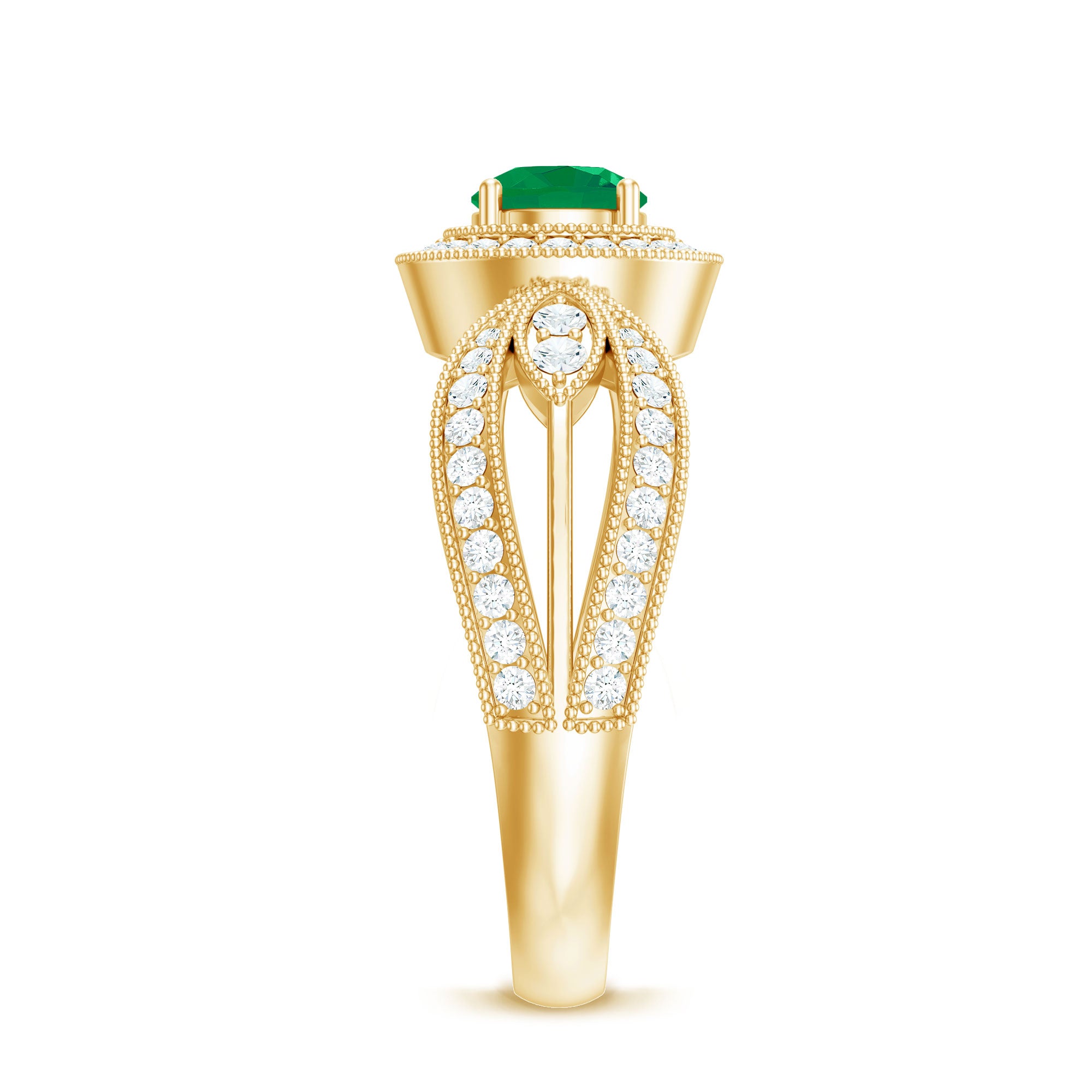 Real Emerald Diamond Vintage Looking Engagement Ring with Split Shank AAA - Rosec Jewels
