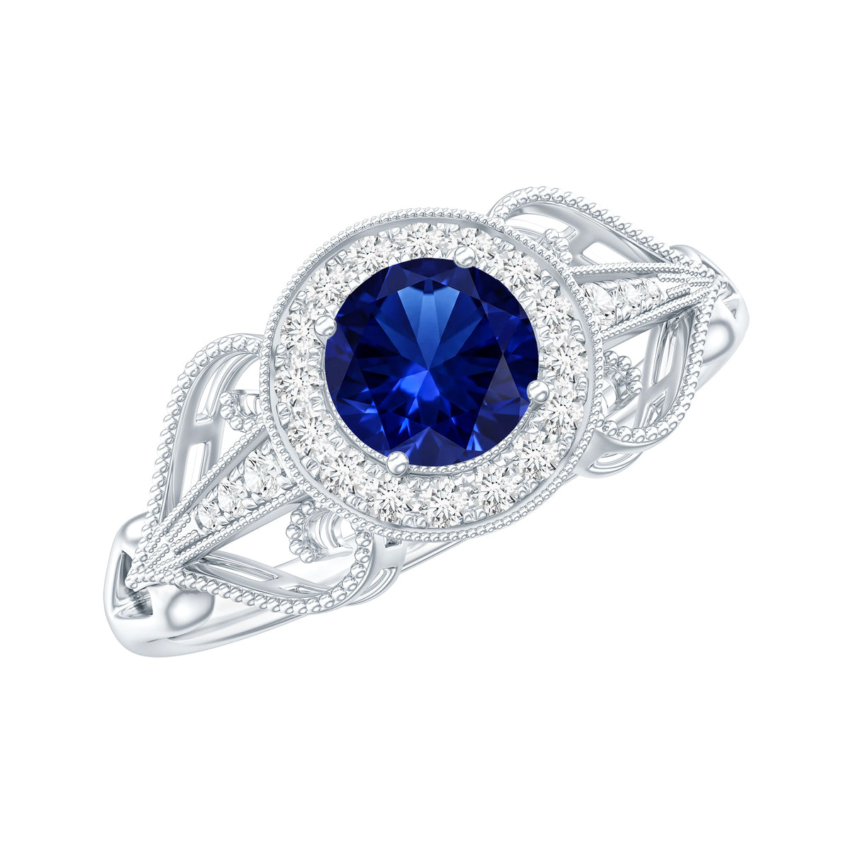 Certified 0.6 Carat Lab Grown Blue Sapphire Retro Engagement Ring with Diamond AAAA - Rosec Jewels
