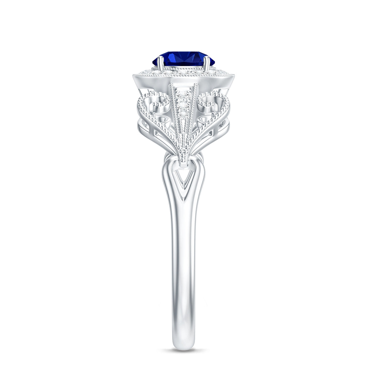 Certified 0.6 Carat Lab Grown Blue Sapphire Retro Engagement Ring with Diamond AAAA - Rosec Jewels
