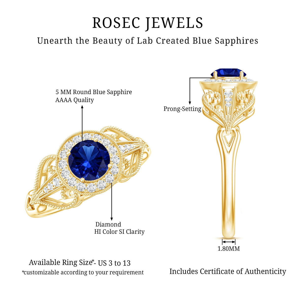Certified 0.6 Carat Lab Grown Blue Sapphire Retro Engagement Ring with Diamond AAAA - Rosec Jewels