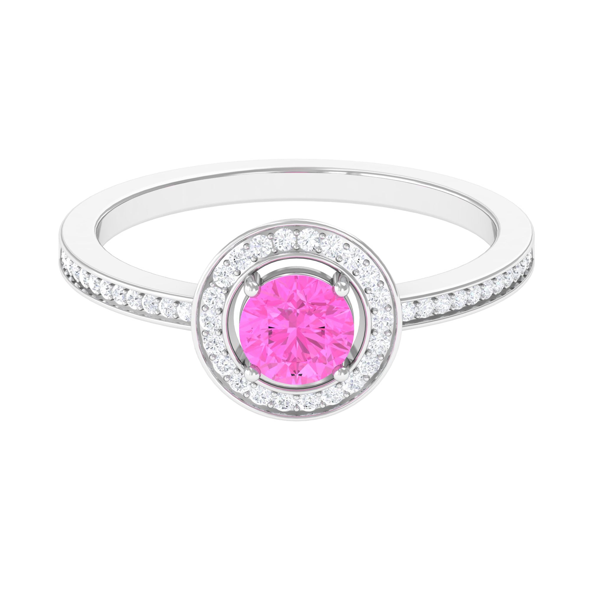 Round Pink Sapphire Floating Halo Engagement Ring with Diamond